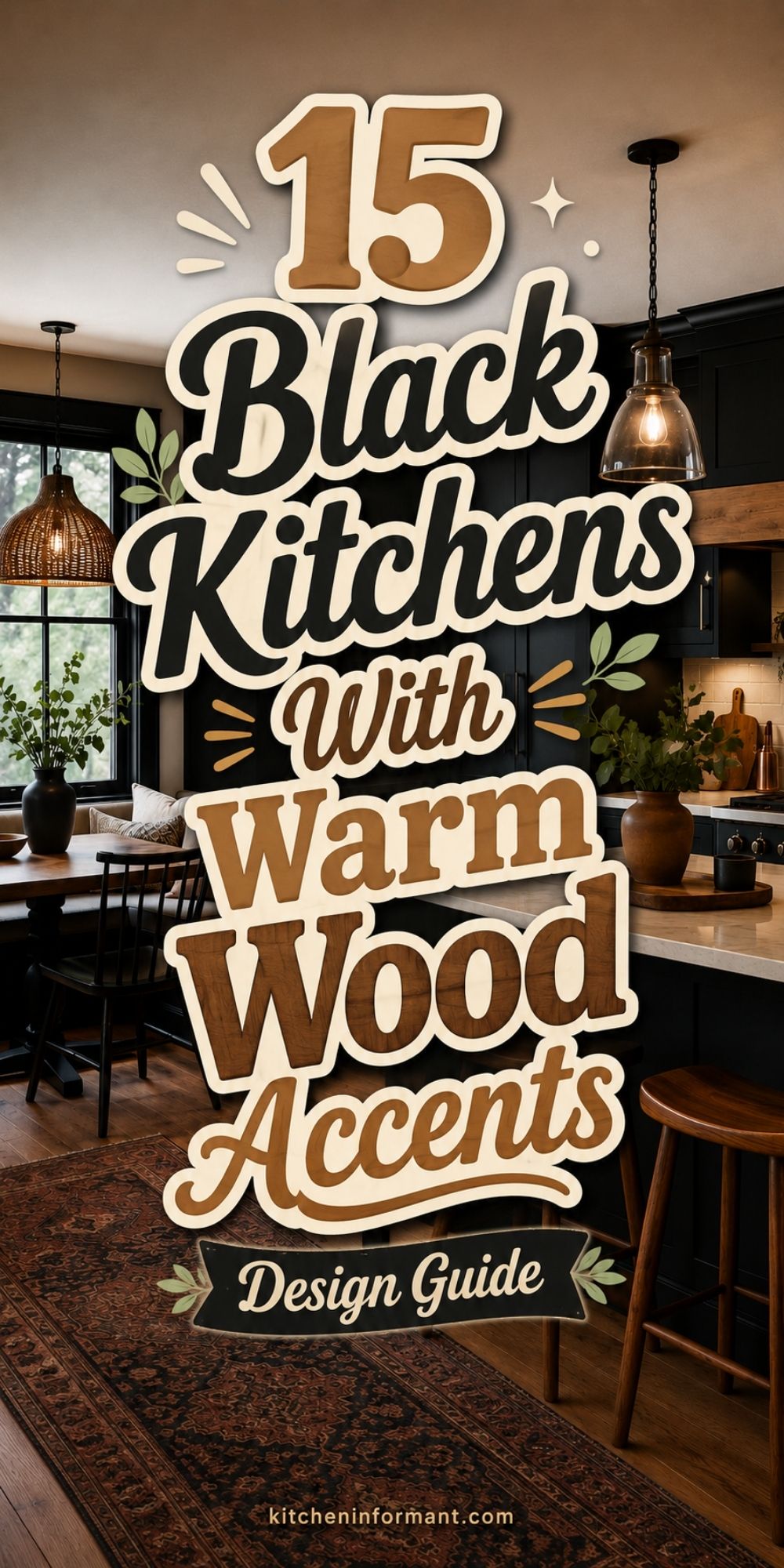 Pinterest pin for a cozy black kitchen with warm wood accents, wood stools, pendant lights, breakfast nook, and patterned rug. Text reads “15 Black Kitchens With Warm Wood Accents, Design Guide” and “kitcheninformant.com.”