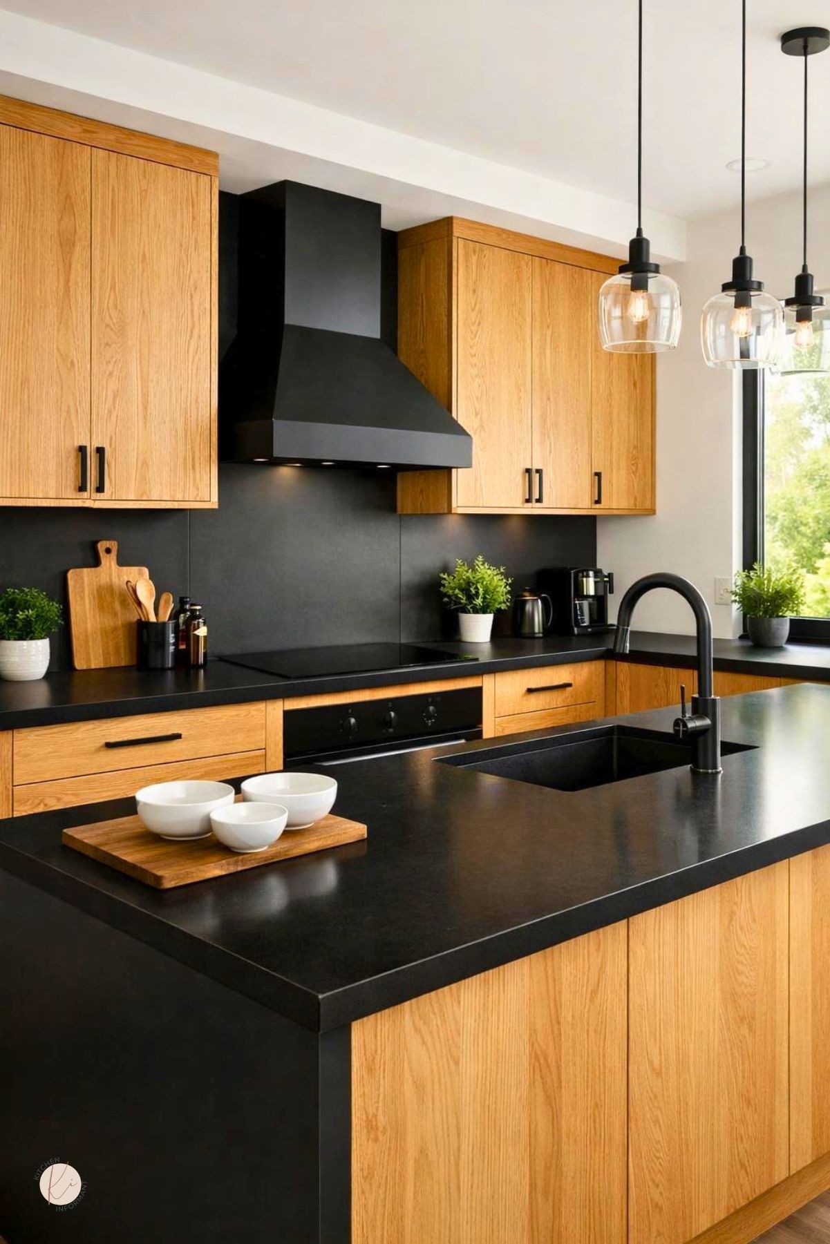 A modern kitchen with white oak cabinets and black countertops, illuminated by natural light, featuring plants and clean countertops.