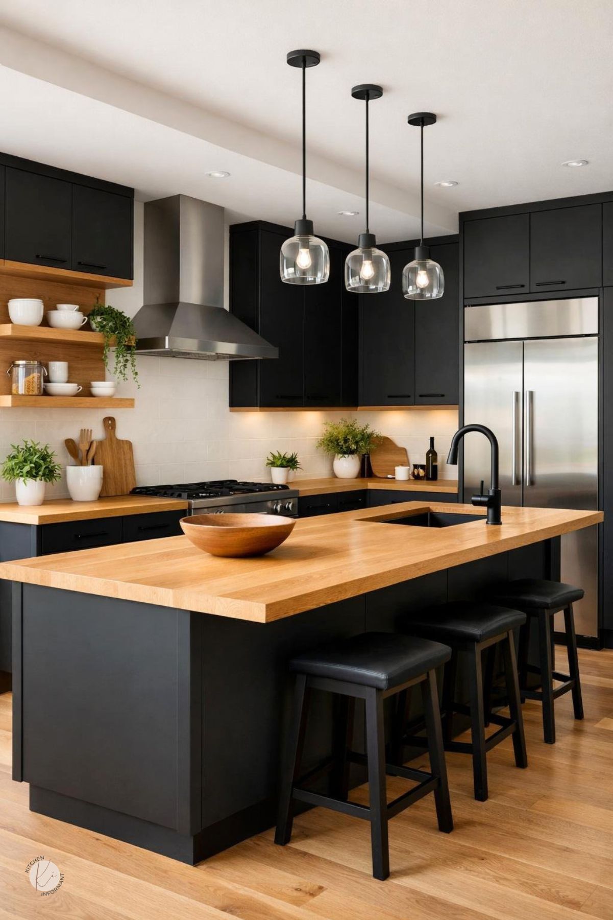A modern kitchen with black cabinets and white oak shelves and countertops, featuring natural light and minimalist decor.
