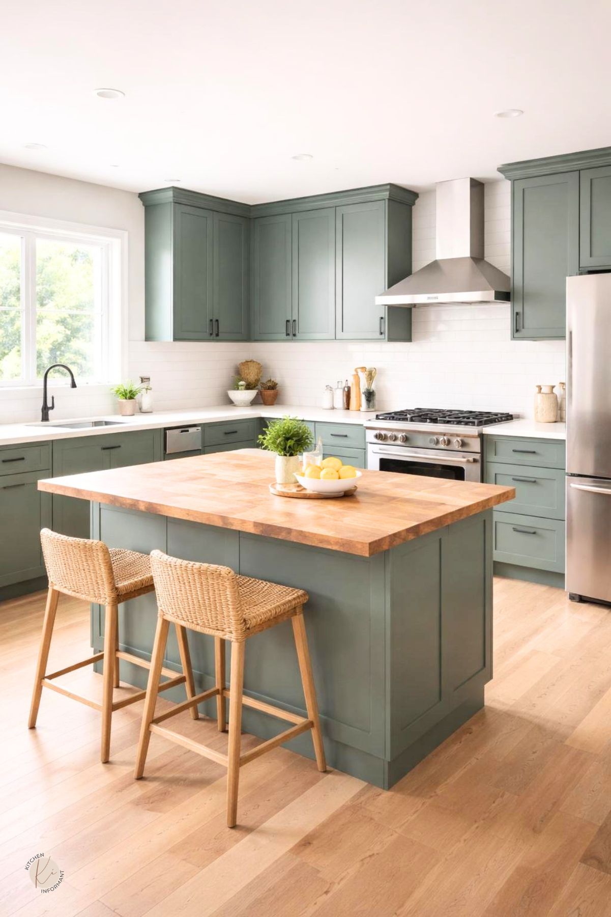 A modern kitchen with smoky jade green cabinets, a wooden island countertop, and natural light coming through large windows.