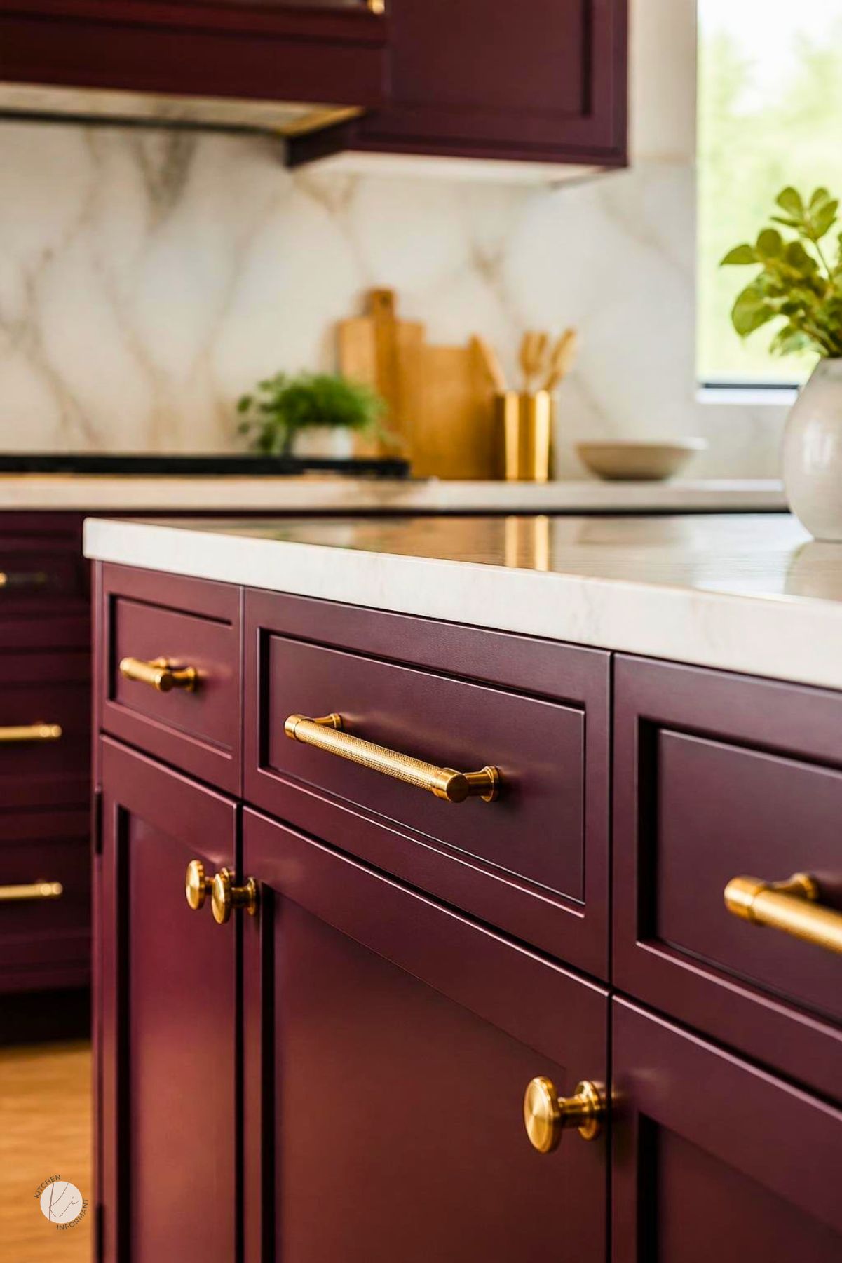 Burgundy kitchen cabinets with gold hardware, white countertops, and a marble backsplash. Close-up of deep red shaker drawers and cabinet doors with brass pulls and knobs, with a small Kitchen Informant watermark in the corner.