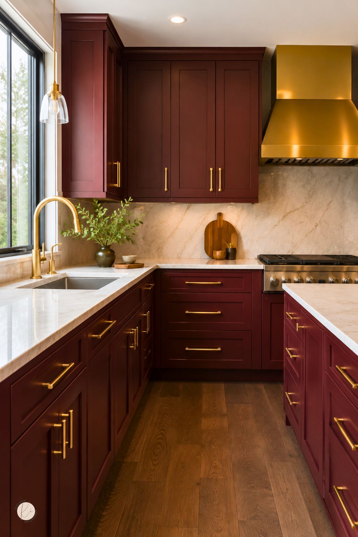 Burgundy kitchen cabinets with gold hardware, white marble countertops and backsplash, a brass range hood, gold faucet, large window, wood floors, and a matching burgundy island.