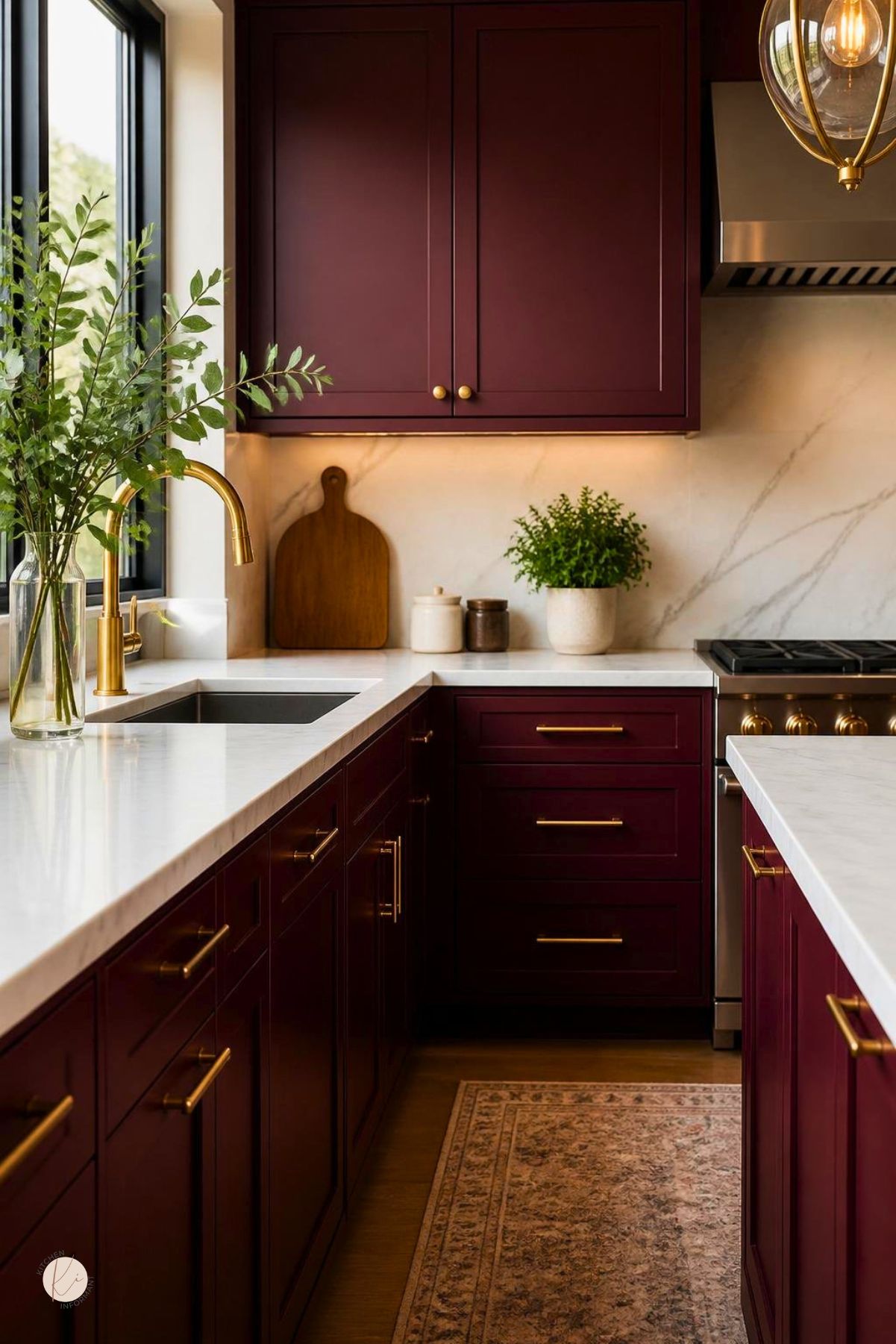 Burgundy kitchen cabinets with gold hardware, white marble countertops, brass faucet, black-framed window, stainless range hood, and warm under-cabinet lighting. Greenery, wood cutting boards, and a patterned runner add cozy kitchen decor. Kitchen Informant watermark in the corner.