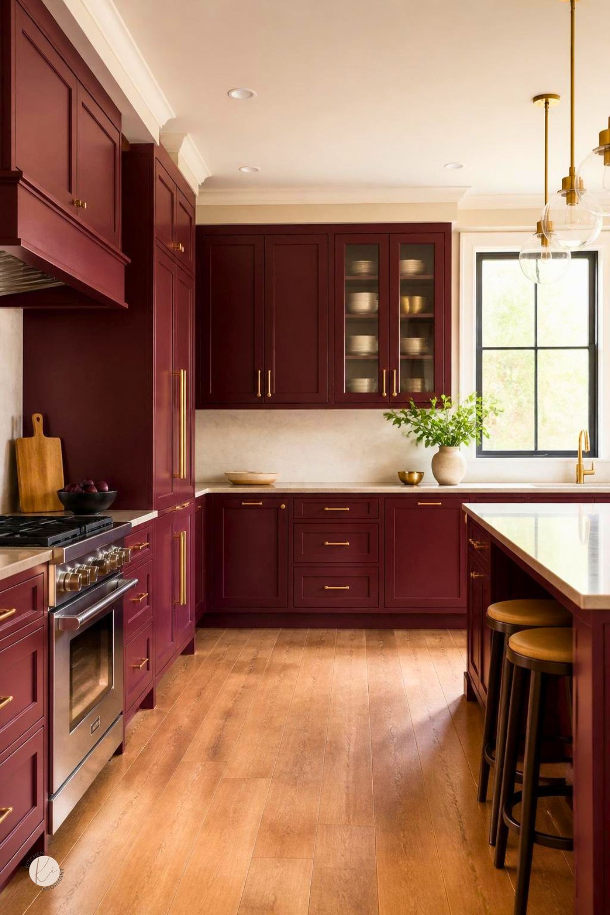 Burgundy kitchen cabinets with gold hardware, white countertops, glass-front upper cabinets, stainless range, black-framed window, globe pendant lights, and warm wood floors. A matching island with stools adds polished traditional kitchen style. Kitchen Informant watermark in the corner.