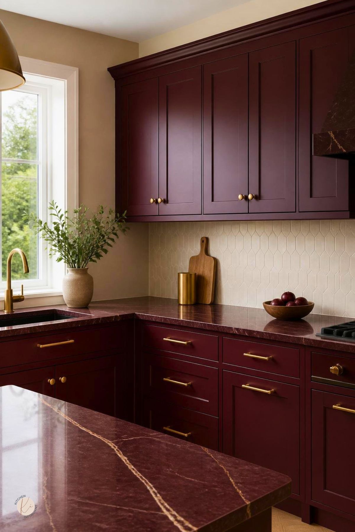 Burgundy kitchen cabinets with gold hardware, burgundy marble countertops, a cream geometric tile backsplash, brass faucet, and matching range hood. A window, greenery, wood cutting board, and bowl of plums add warm traditional kitchen decor. Kitchen Informant watermark in the corner.