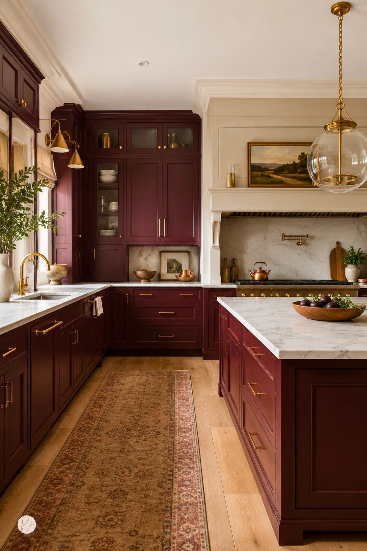 Burgundy kitchen cabinets with gold hardware, white marble countertops, a matching island, glass-front uppers, brass fixtures, wood floors, a vintage-style runner rug, and a large glass globe pendant. A cream range hood and marble backsplash add a traditional luxury kitchen design feel.