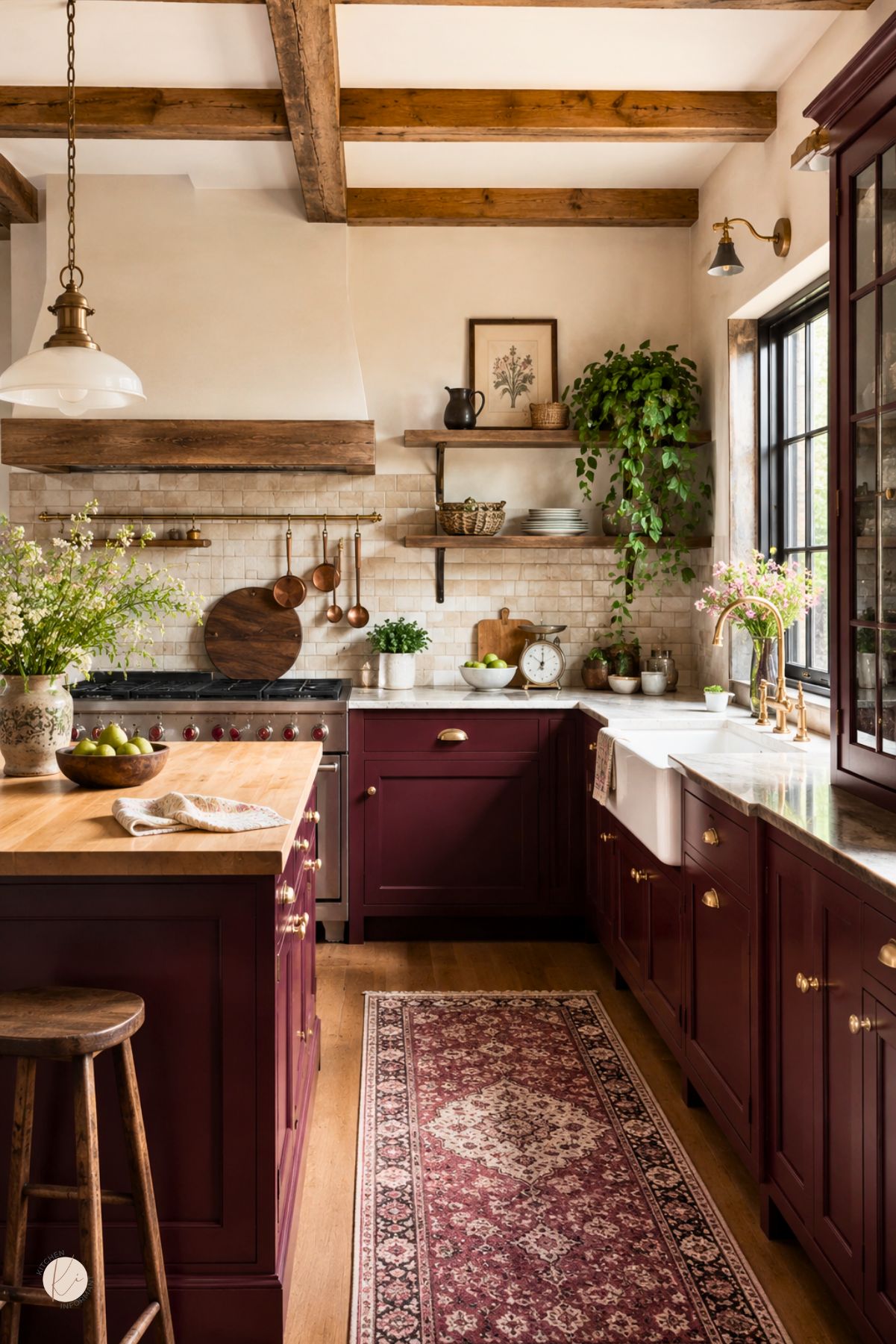 Cottage-style burgundy kitchen cabinets with gold hardware, exposed wood ceiling beams, a marble countertop, farmhouse sink, open wood shelves, hanging copper pans, plants, and a patterned red runner rug. Kitchen Informant watermark in the corner.