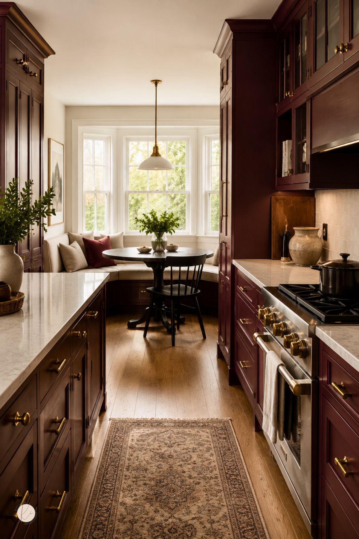 Burgundy kitchen cabinets with gold hardware, white marble countertops, a stainless range, warm wood floors, and a cozy breakfast nook by bay windows. A patterned runner rug and black dining table add traditional kitchen style. Kitchen Informant watermark in the corner.