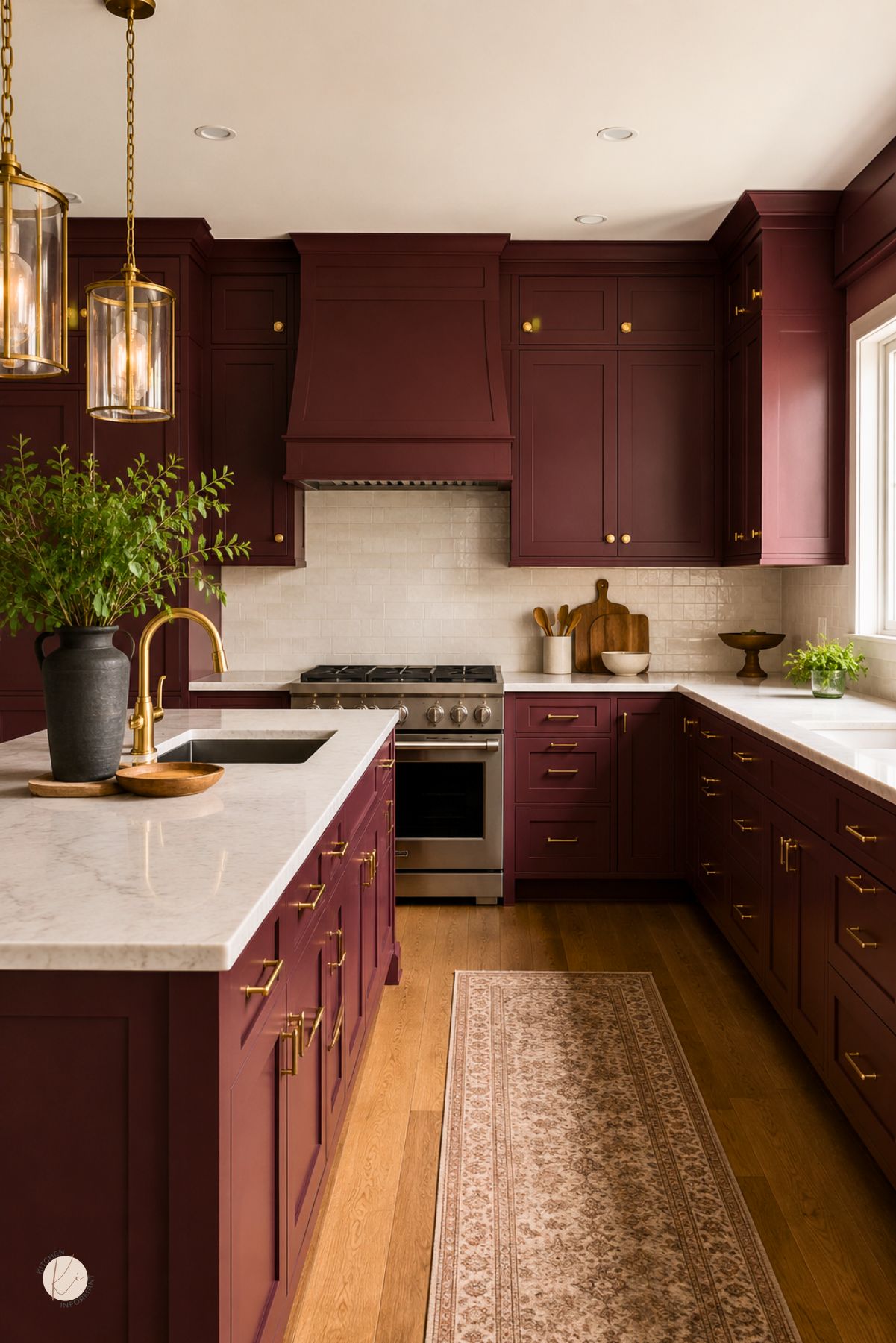 Burgundy kitchen cabinets with gold hardware, white marble countertops, a matching range hood, cream tile backsplash, brass pendant lights, and warm wood floors. A patterned runner rug and greenery add cozy traditional kitchen style. Kitchen Informant watermark in the corner.