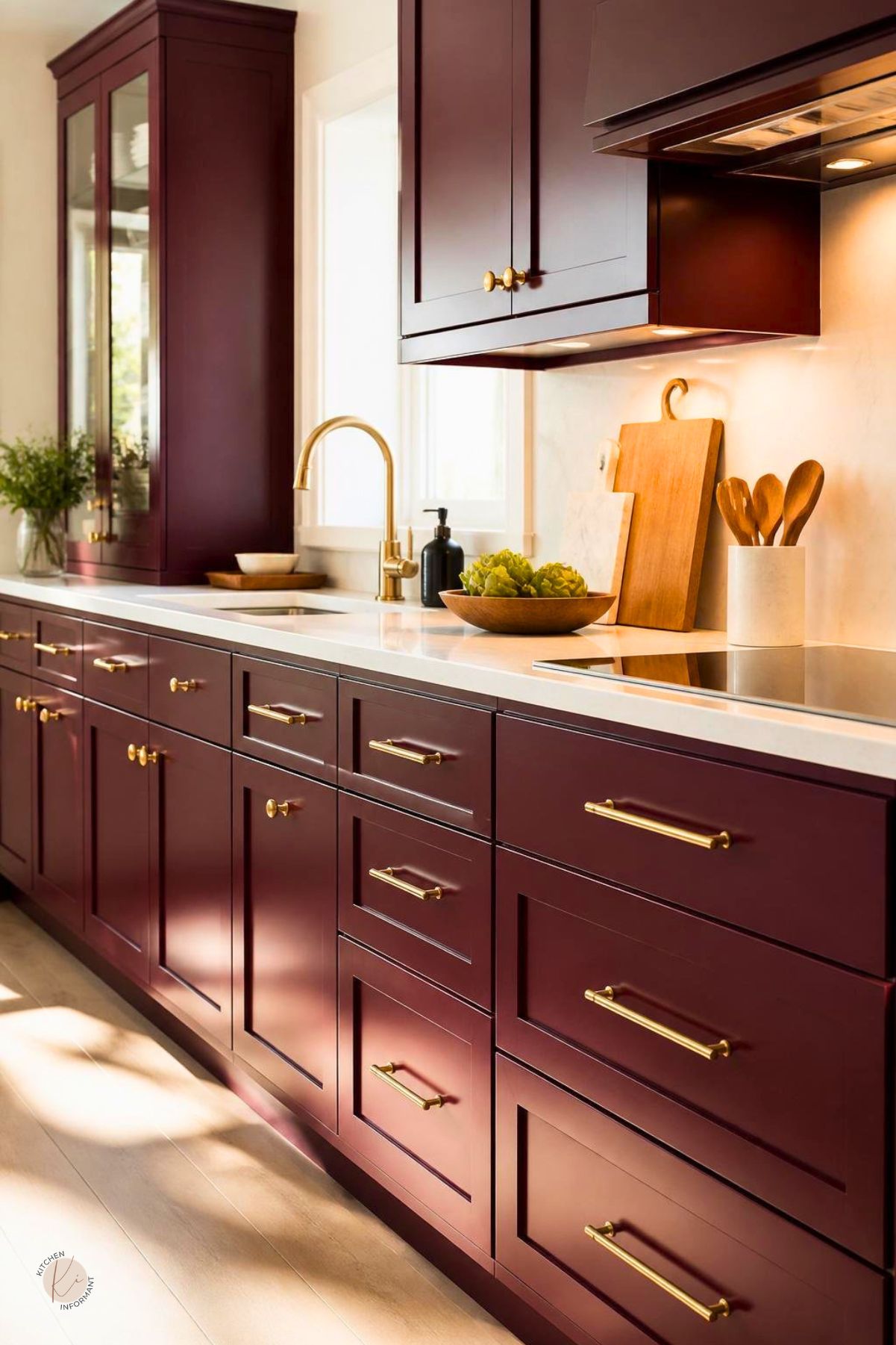 Burgundy kitchen cabinets with gold hardware, white countertops, brass faucet, glass-front pantry cabinet, and warm under-cabinet lighting. A wood cutting board, utensil crock, greenery, and sunlight add cozy modern kitchen style. Kitchen Informant watermark in the corner.