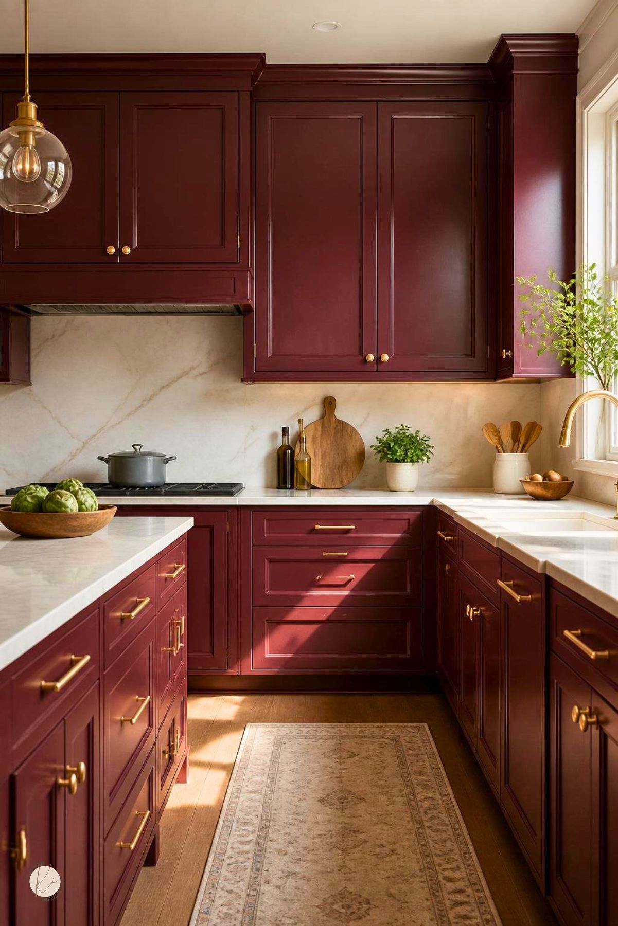 Burgundy kitchen cabinets with gold hardware, white marble countertops, matching marble backsplash, brass faucet, and warm wood floors. Sunlight highlights the deep red cabinetry, patterned runner rug, greenery, and wood accents. Kitchen Informant watermark in the corner.