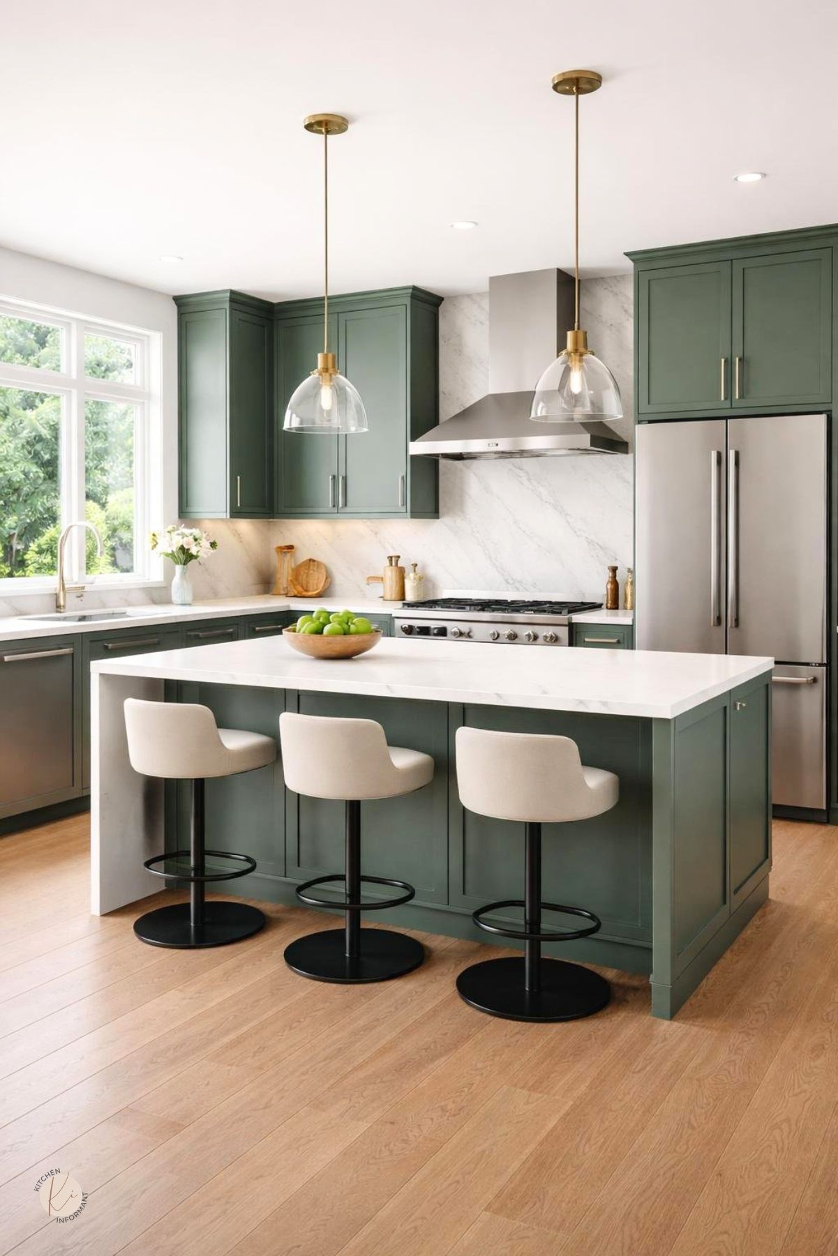 Modern kitchen with smoky jade cabinets, light countertops, a kitchen island, and stainless steel appliances.