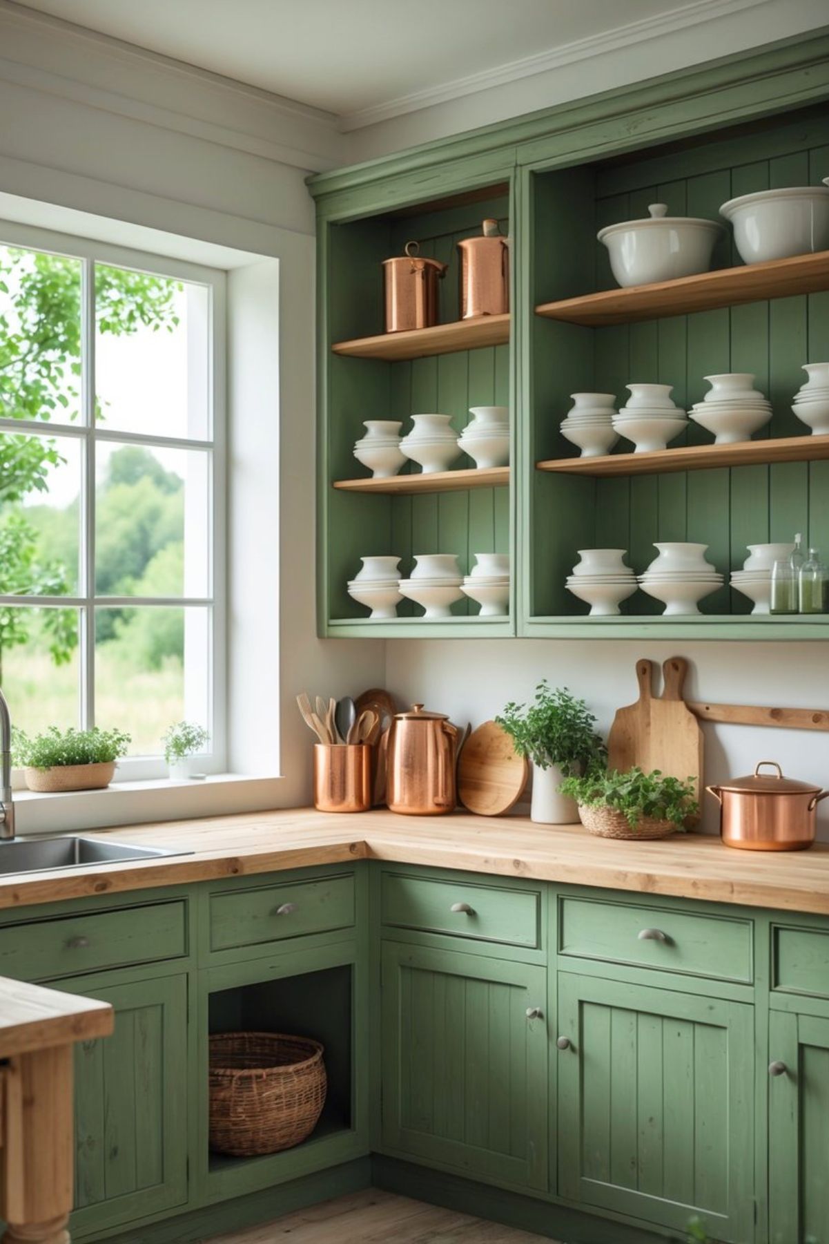A green rustic kitchen with wooden cabinets, open shelves displaying dishes, and natural light coming through a window.