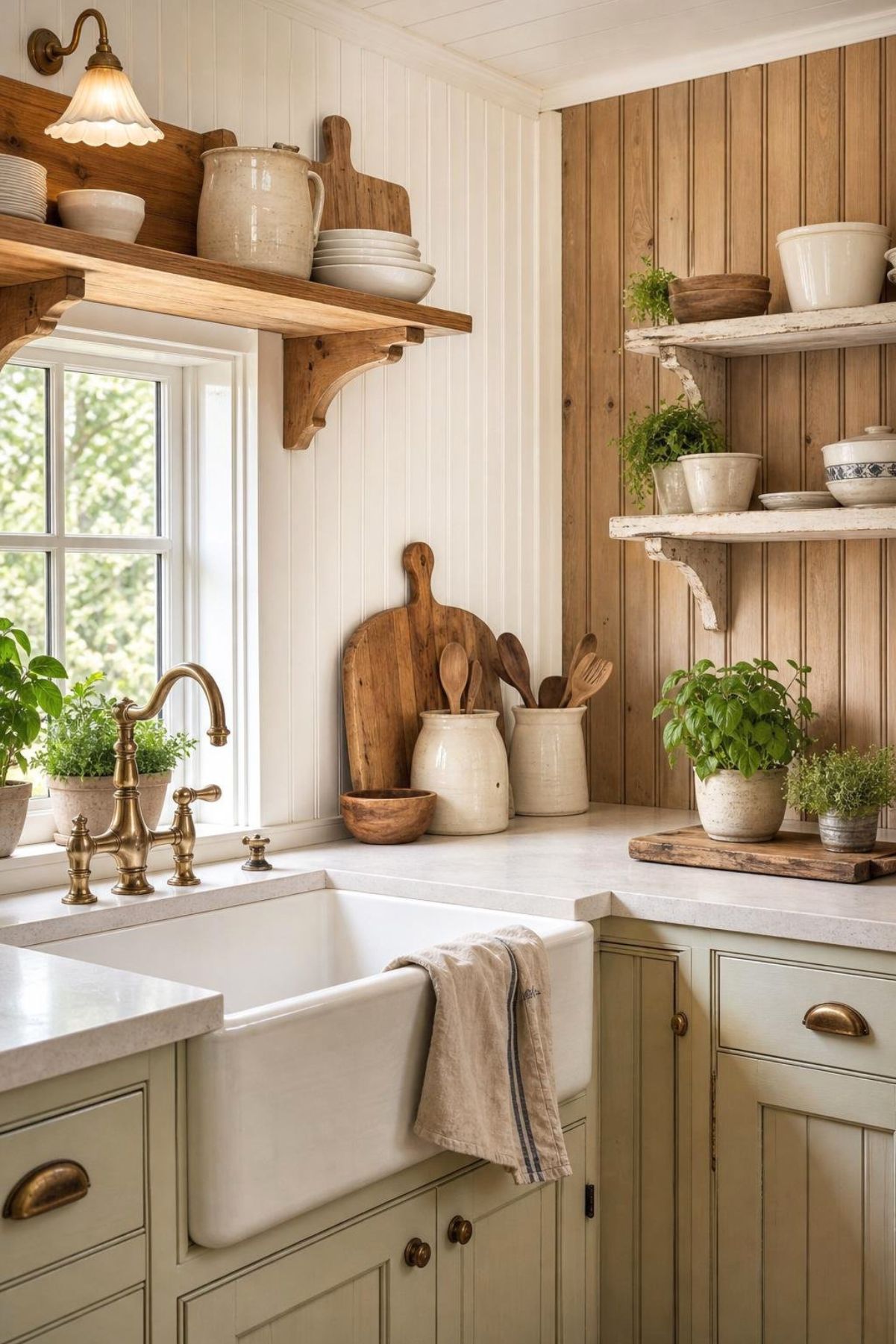 A bright cottage kitchen with beadboard backsplashes in various finishes behind a farmhouse sink and countertop with kitchen accessories.