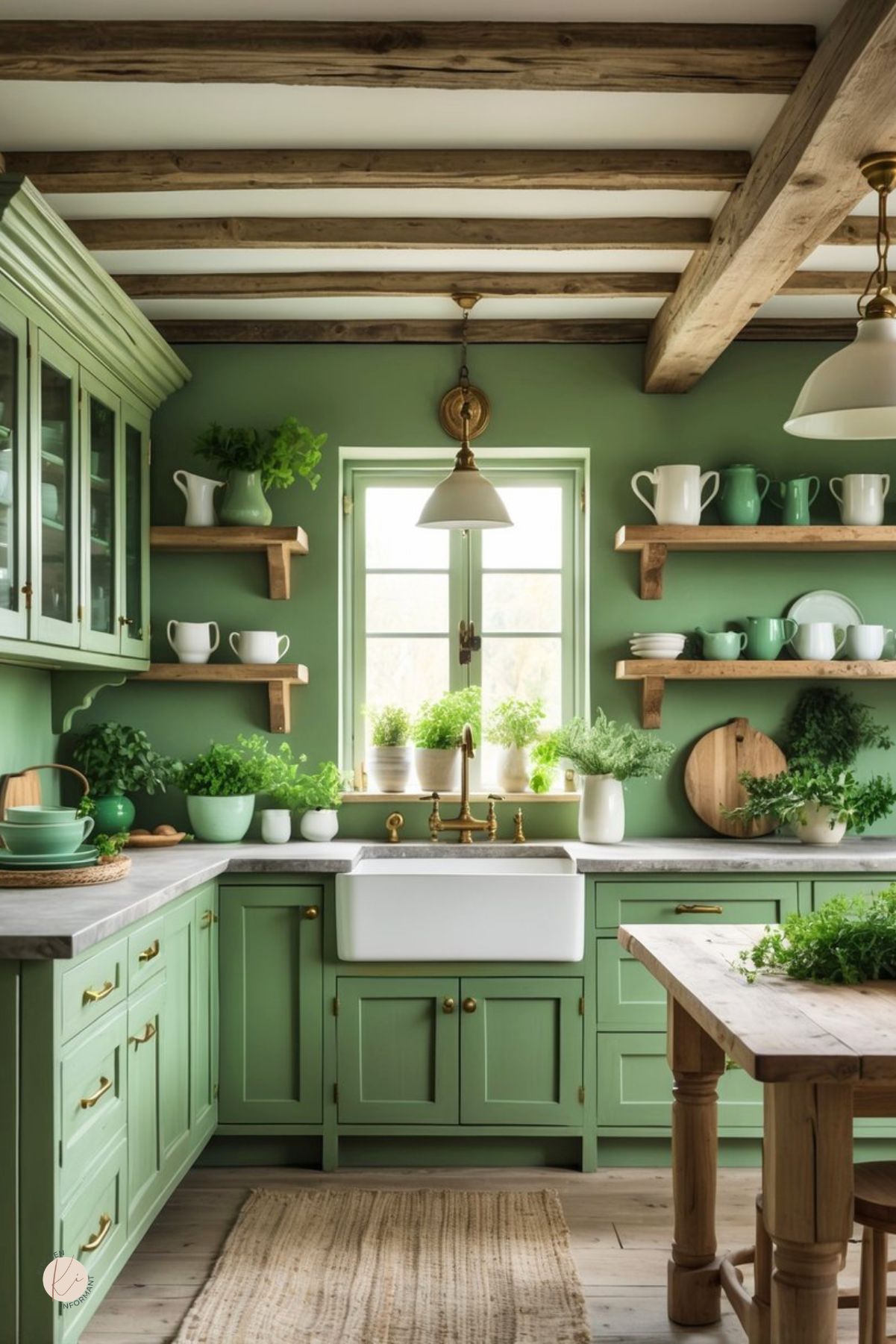 A rustic kitchen with green wooden cabinets, a farmhouse sink, wooden shelves with dishes and plants, and a wooden dining table with a plant centerpiece.
