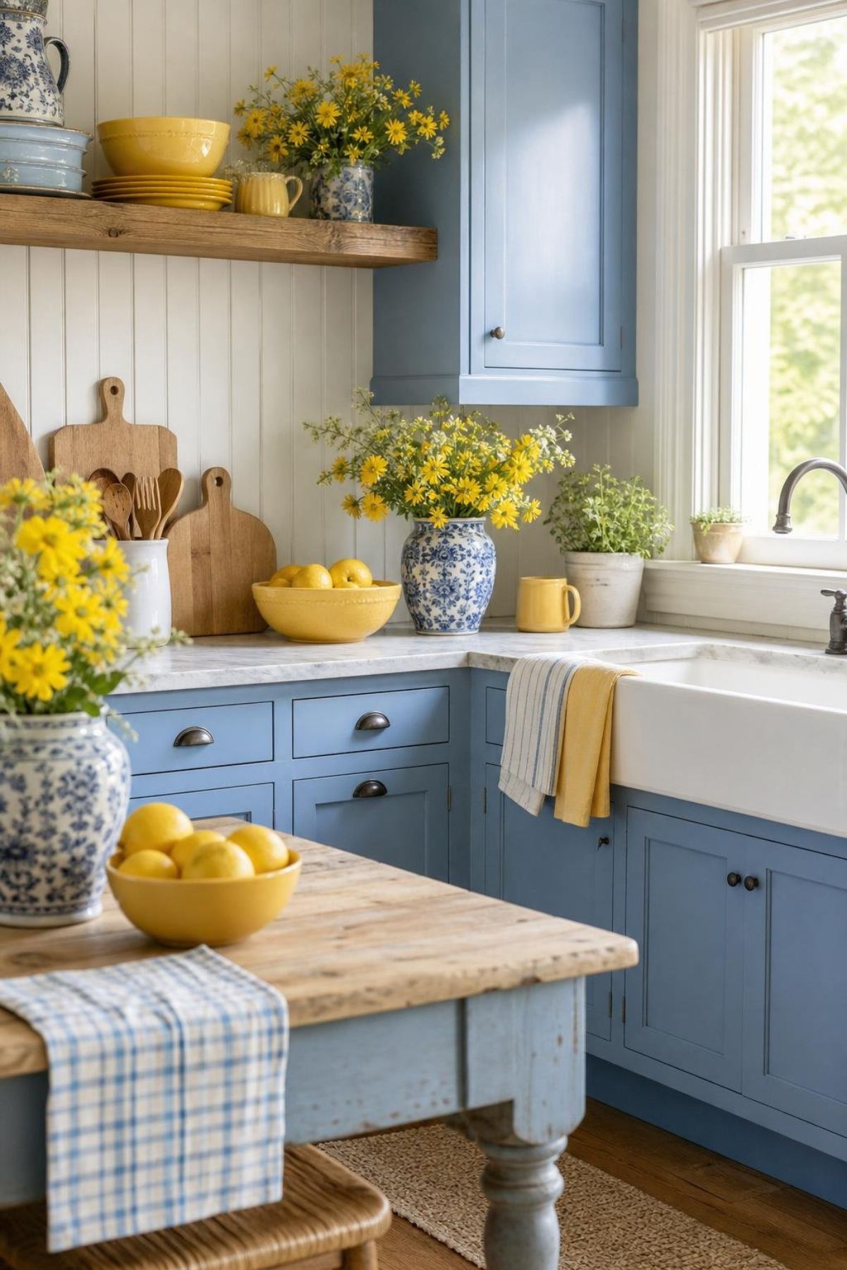A cozy cottage kitchen with beadboard backsplashes, blue cabinets, and yellow kitchen accessories.