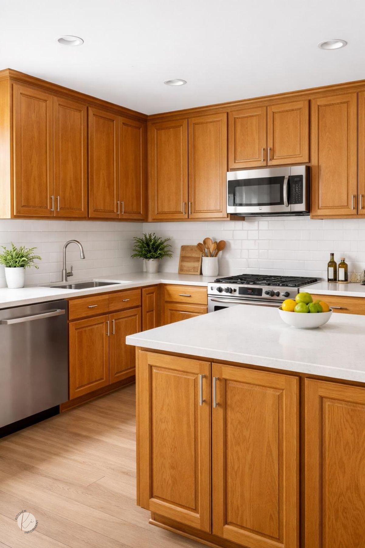 A modern kitchen with honey oak cabinets, a clean countertop with a bowl of fruit and a small plant, and a stainless steel sink.