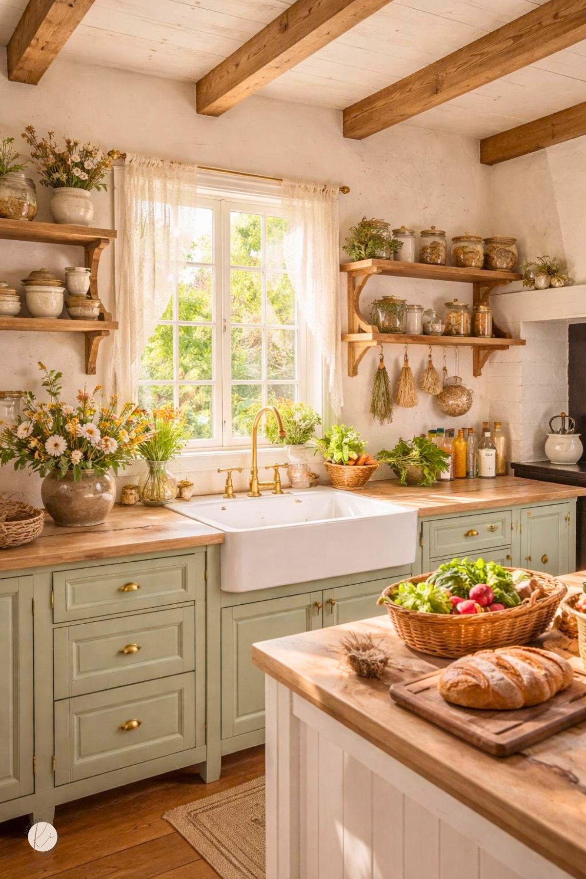 A bright farmhouse kitchen with wooden cabinets, open shelves with dishes, a farmhouse sink under a window, fresh flowers on the counter, and rustic kitchen items.