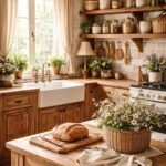 A cozy farmhouse kitchen with wooden cabinets, open shelves with dishes and jars, a farmhouse sink under a window, a kitchen island with flowers and bread, and potted plants on the windowsill.