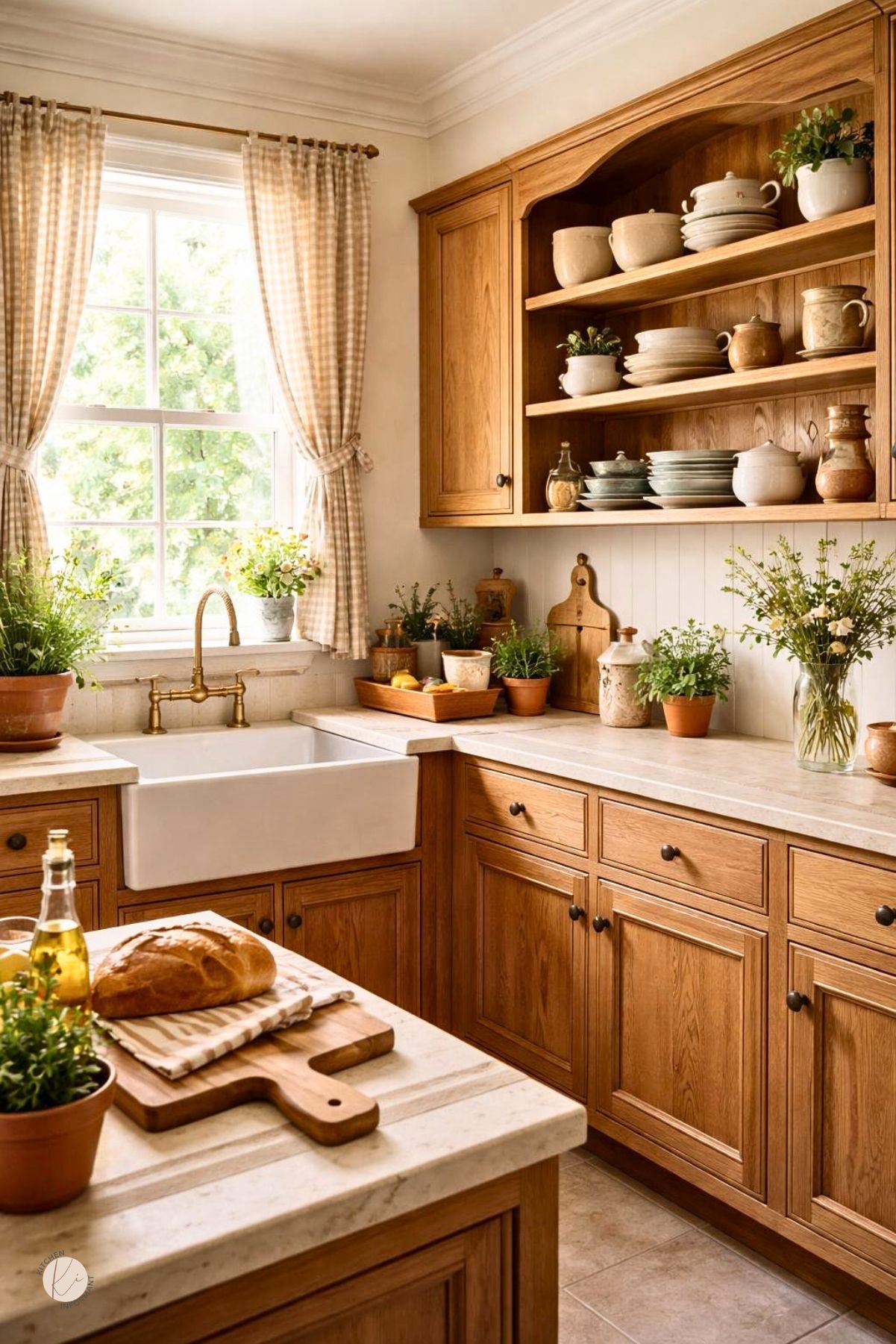 A cozy kitchen with oak cabinets, open shelves with dishes, a farmhouse sink, and natural light coming through a window.
