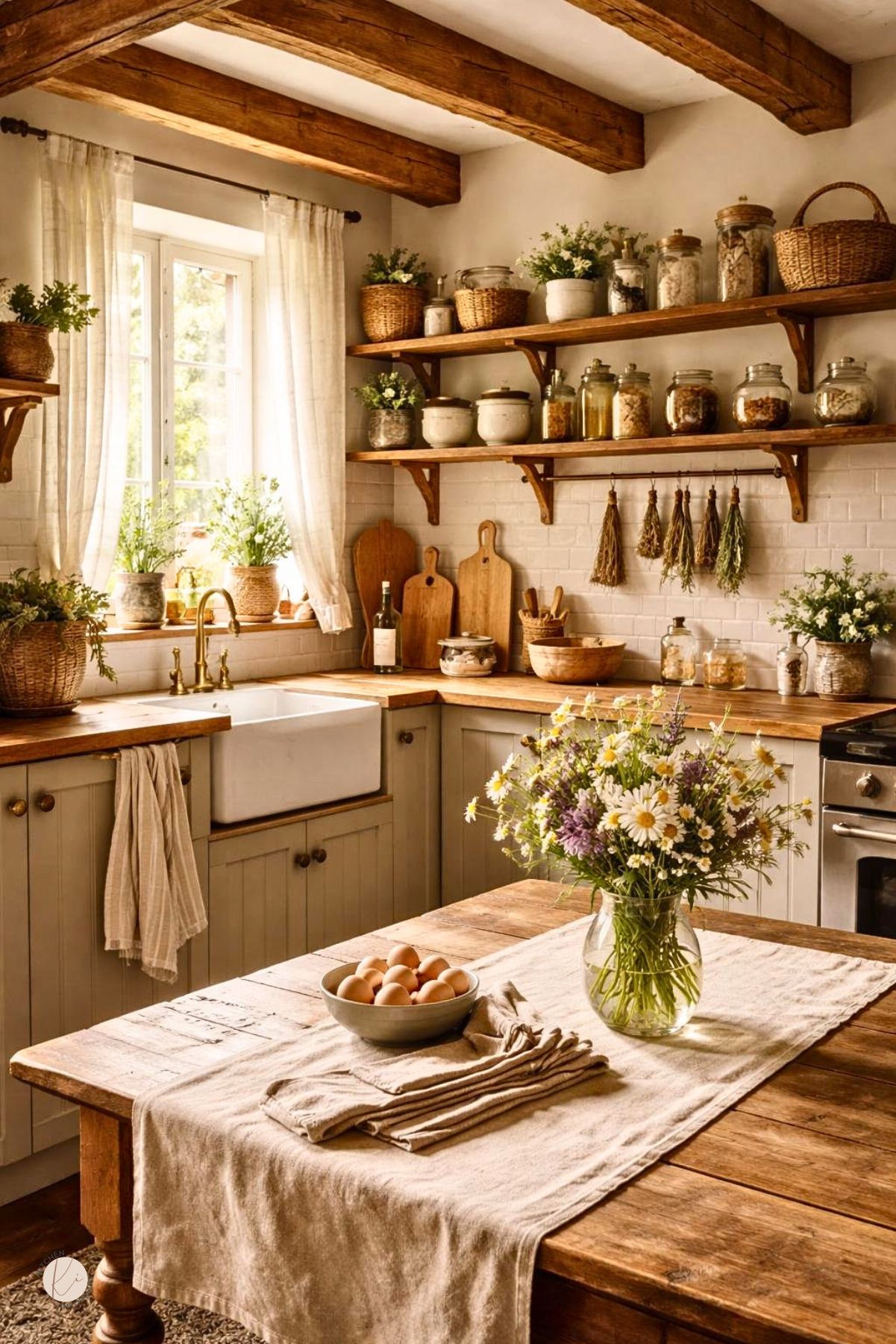 Cozy farmhouse kitchen with wooden shelves, vintage dishes, dried herbs, a wooden table with wildflowers, and natural light coming through a window.