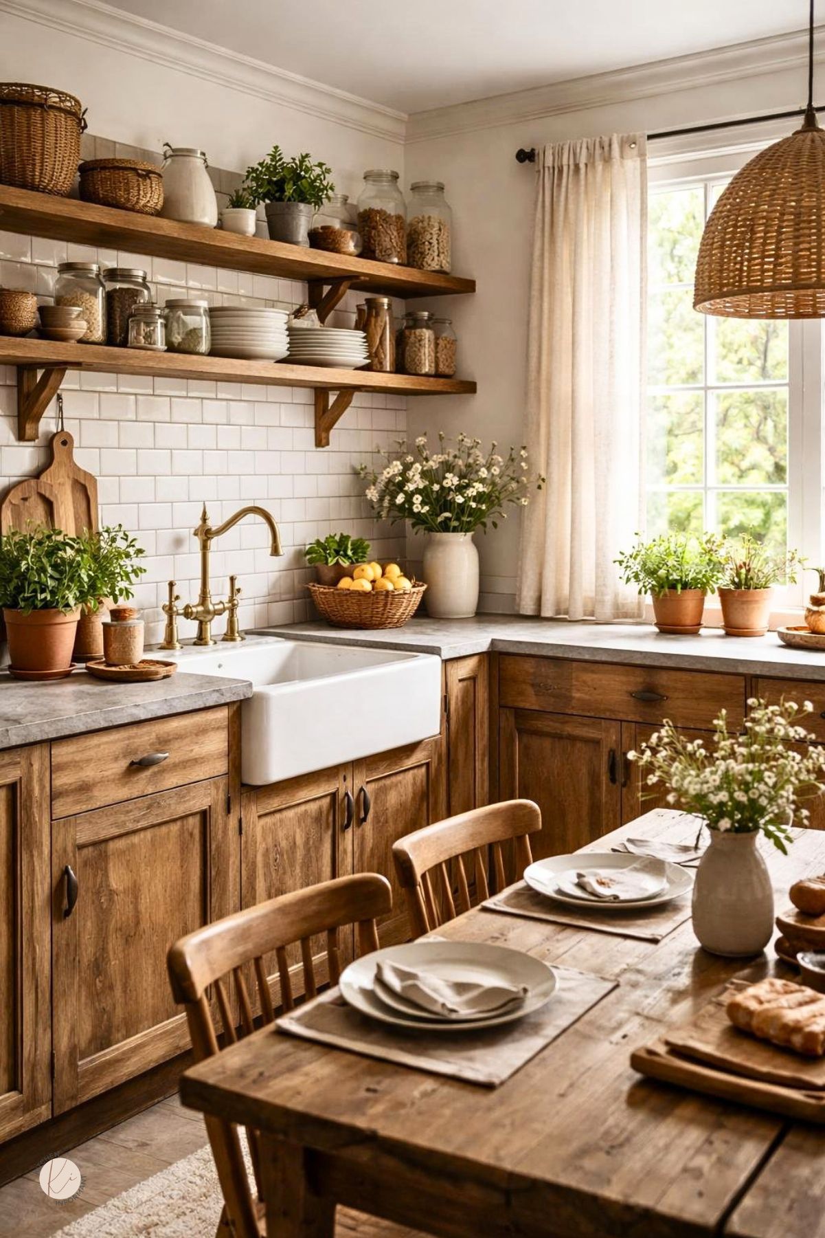 A bright kitchen with wooden cabinets, open shelves displaying dishes, a farmhouse sink, and a wooden dining table with simple tableware.