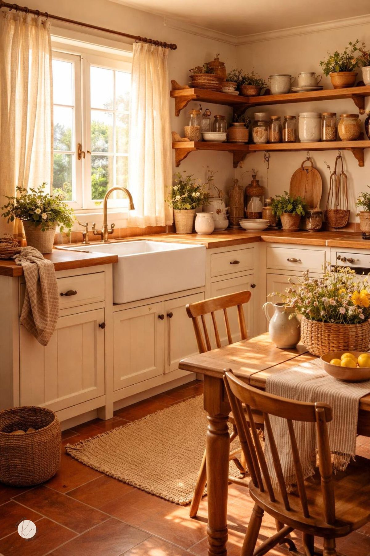 A warm, sunlit farmhouse kitchen with wooden cabinets, open shelves displaying ceramics and herbs, a farmhouse sink, and a wooden dining table with chairs.