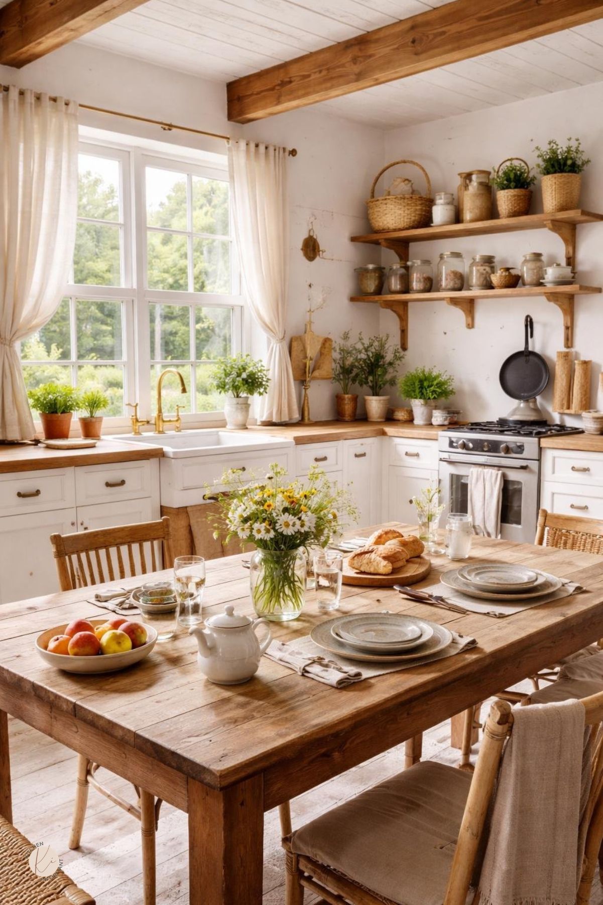 A bright farmhouse kitchen with a wooden dining table, fresh flowers, open shelves with dishes and herbs, and natural light coming through large windows.
