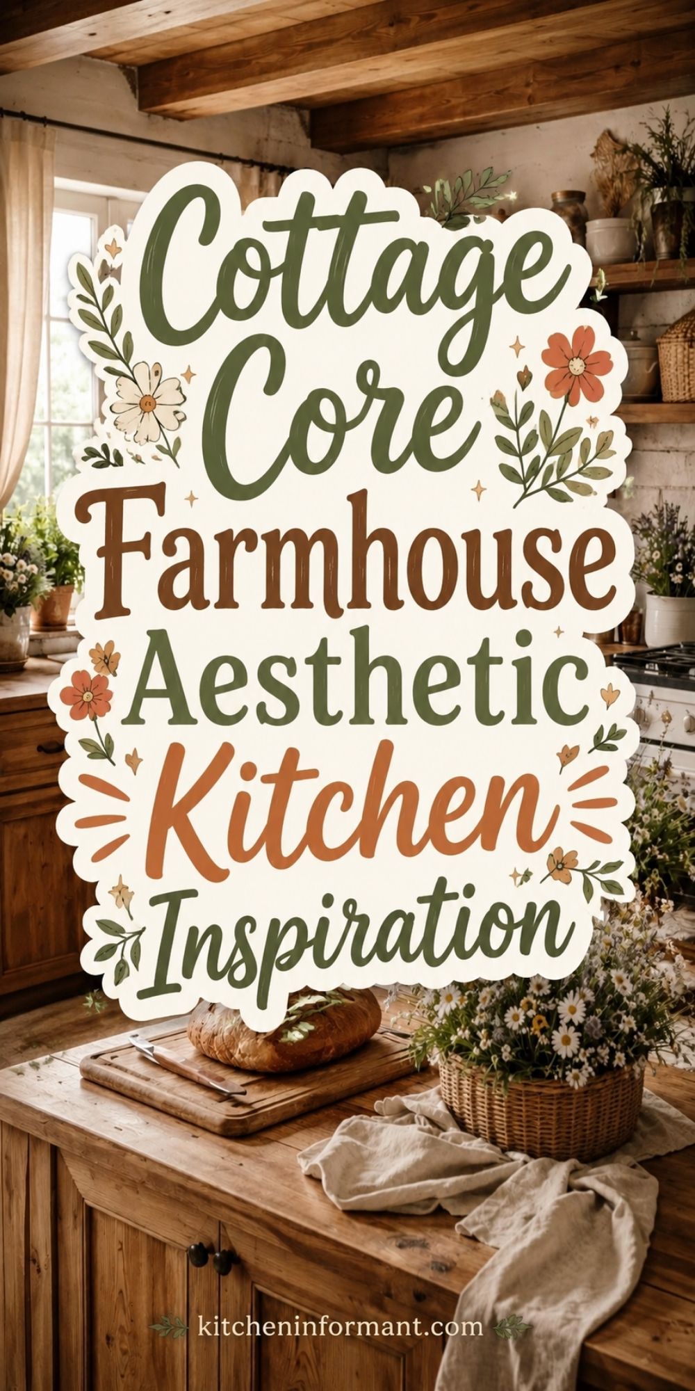 Cottage core farmhouse kitchen inspiration with warm wood cabinets, exposed ceiling beams, open shelving, fresh flowers, and rustic decor. Text reads “Cottage Core Farmhouse Aesthetic Kitchen Inspiration” and “kitcheninformant.com.”