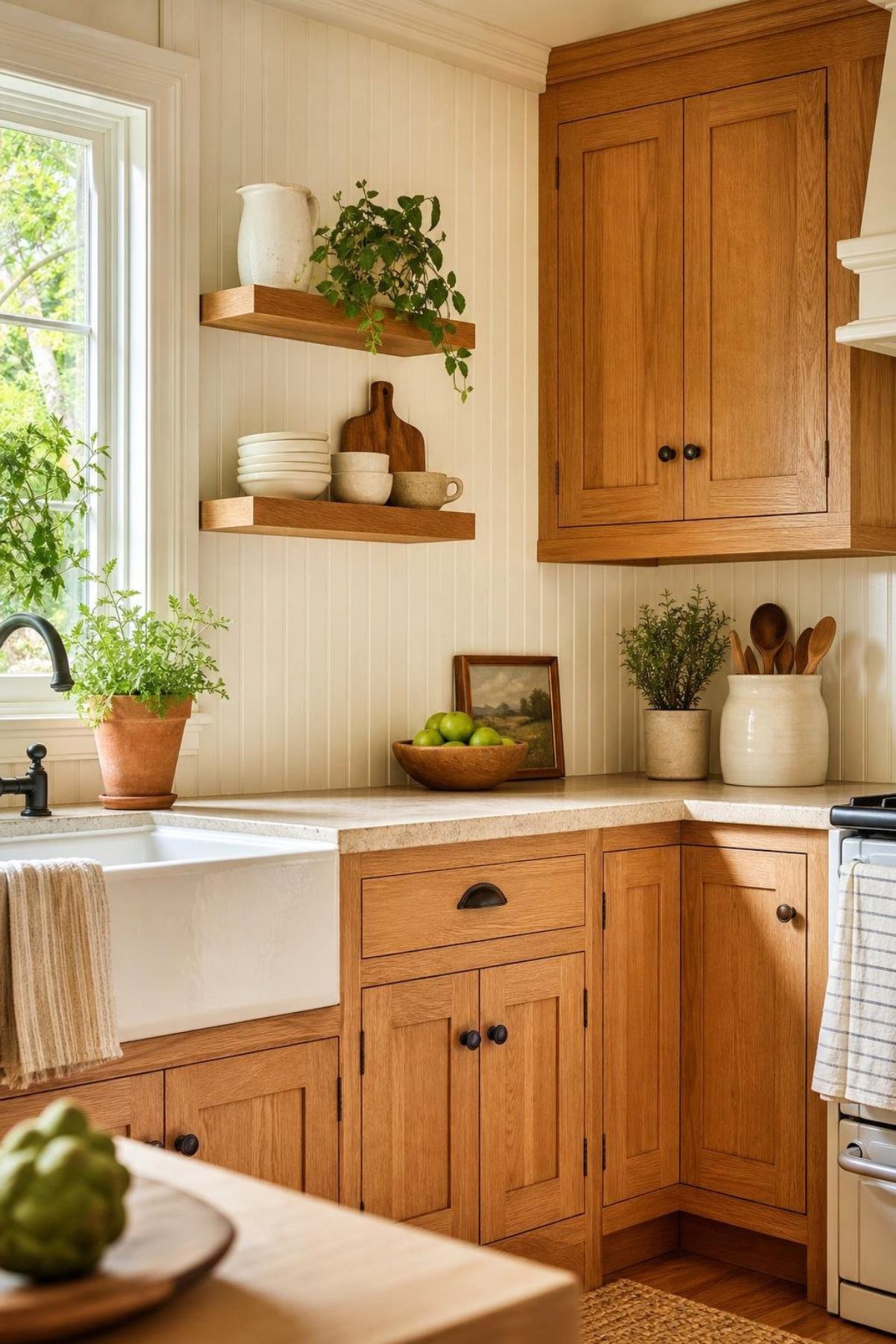 Cottage kitchen with honey oak cabinets, cream beadboard backsplash, floating wood shelves, farmhouse sink, black faucet, potted herbs, wooden utensils, green apples, and warm natural light.