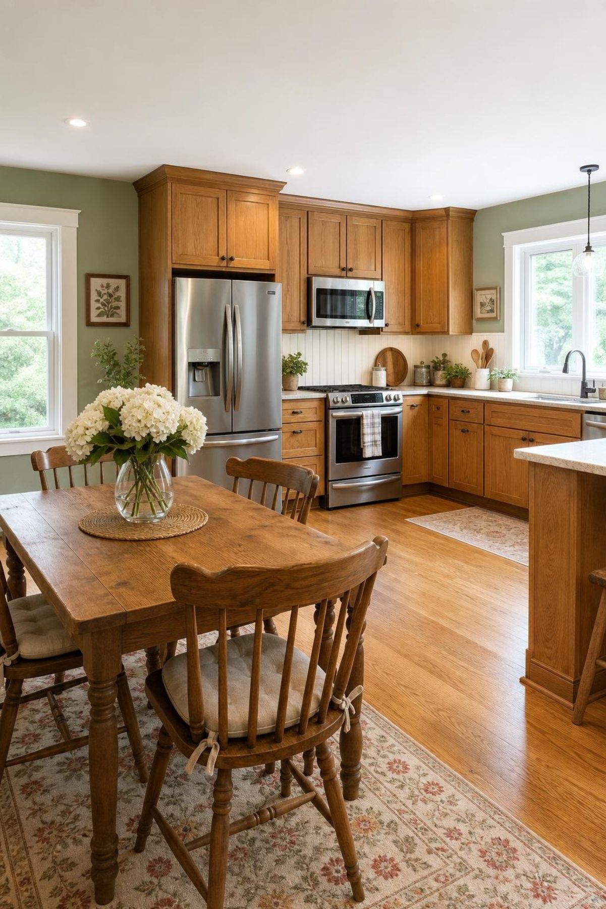 Cottage kitchen with honey oak cabinets, sage green walls, white beadboard backsplash, stainless steel appliances, farmhouse dining table, wooden chairs, floral rug, and hydrangeas in a glass vase.