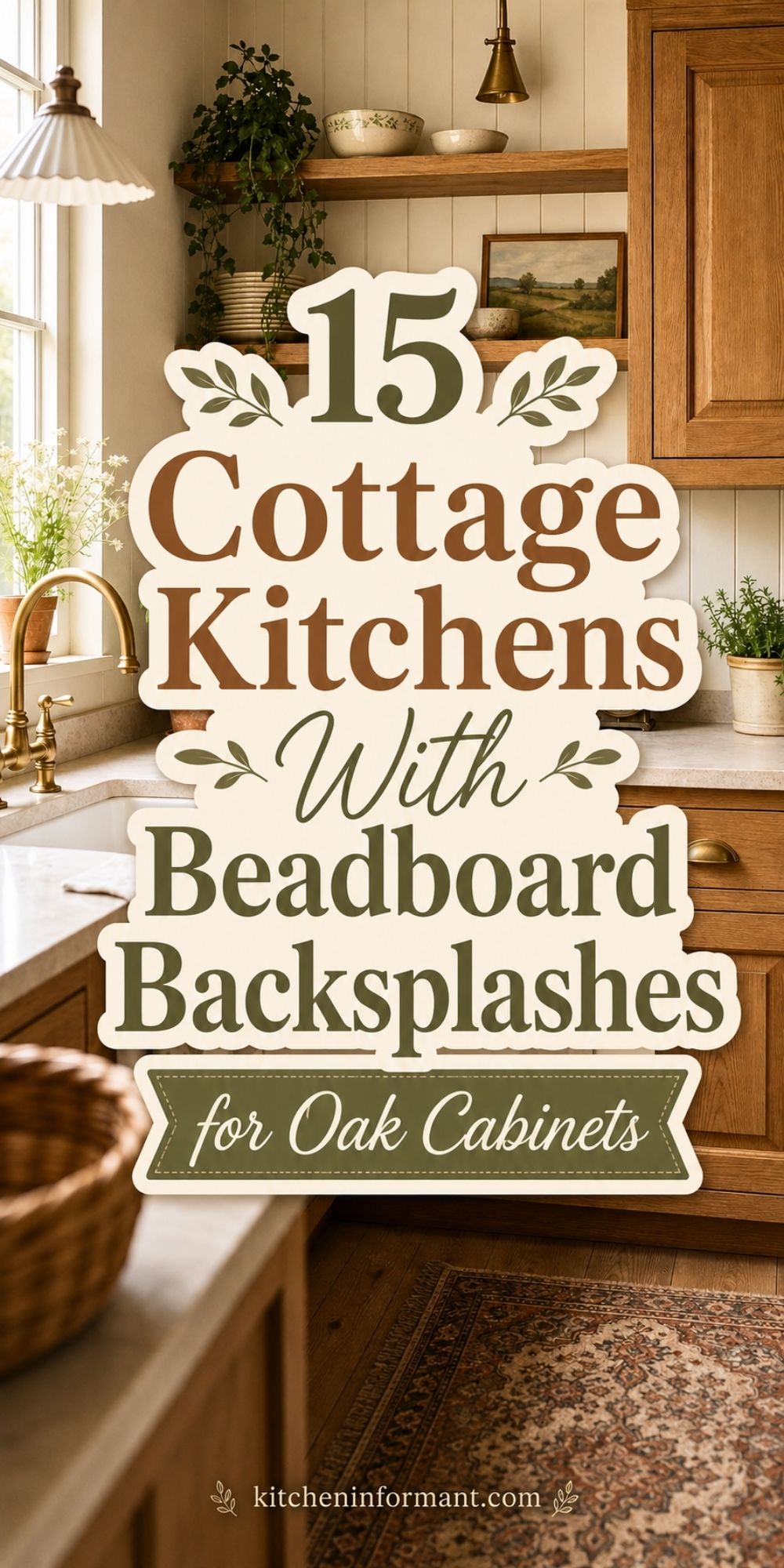 Cottage kitchen with warm oak cabinets, a cream beadboard backsplash, open wood shelves, brass fixtures, plants, and a patterned rug. Large overlay text reads “15 Cottage Kitchens With Beadboard Backsplashes for Oak Cabinets” with “kitcheninformant.com” at the bottom.