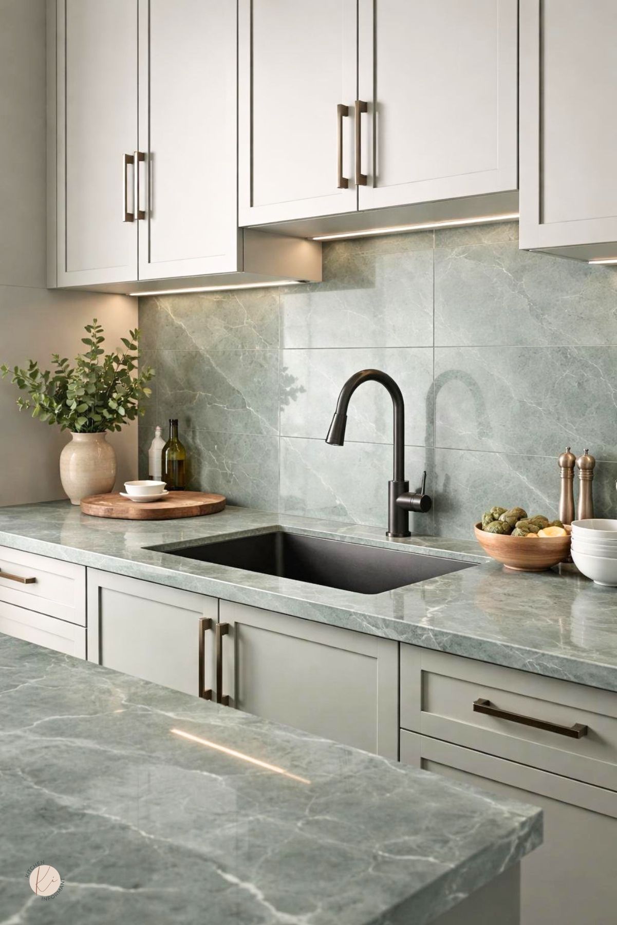 A modern kitchen with a smoky jade countertop, matching backsplash, and brushed metal hardware.