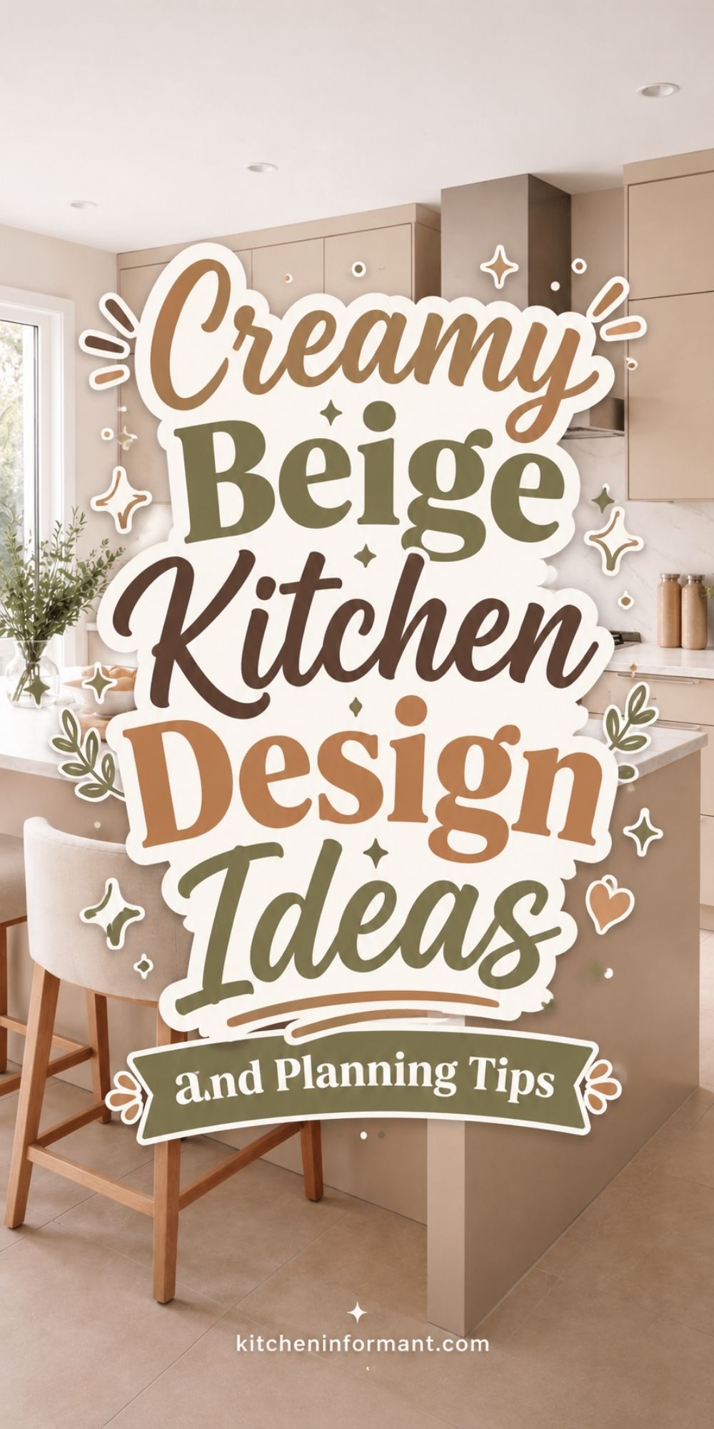 Creamy beige kitchen with taupe cabinets, white countertops, wood stools, and soft natural light. Large text reads “Creamy Beige Kitchen Design Ideas” with subtext “and Planning Tips” and website “kitcheninformant.com.”