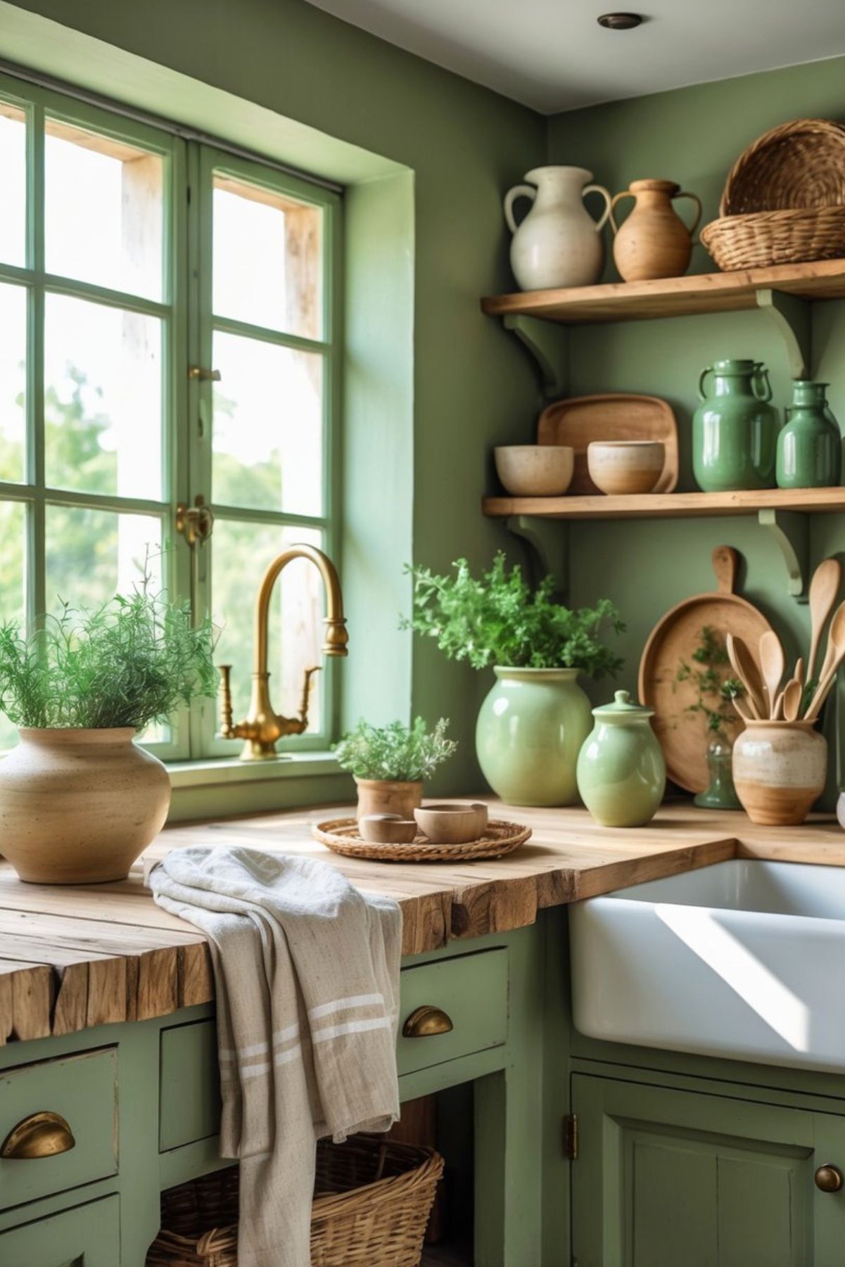A green rustic kitchen with wooden countertops, ceramic jars, woven baskets, potted herbs, and open shelves displaying pottery and glassware.