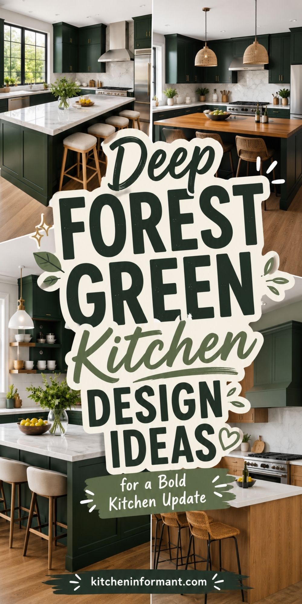 Collage of deep forest green kitchen design ideas with dark green cabinets, marble countertops, wood islands, woven pendant lights, bar stools, and warm wood floors. Text reads “Deep Forest Green Kitchen Design Ideas for a Bold Kitchen Update” and “kitcheninformant.com.”