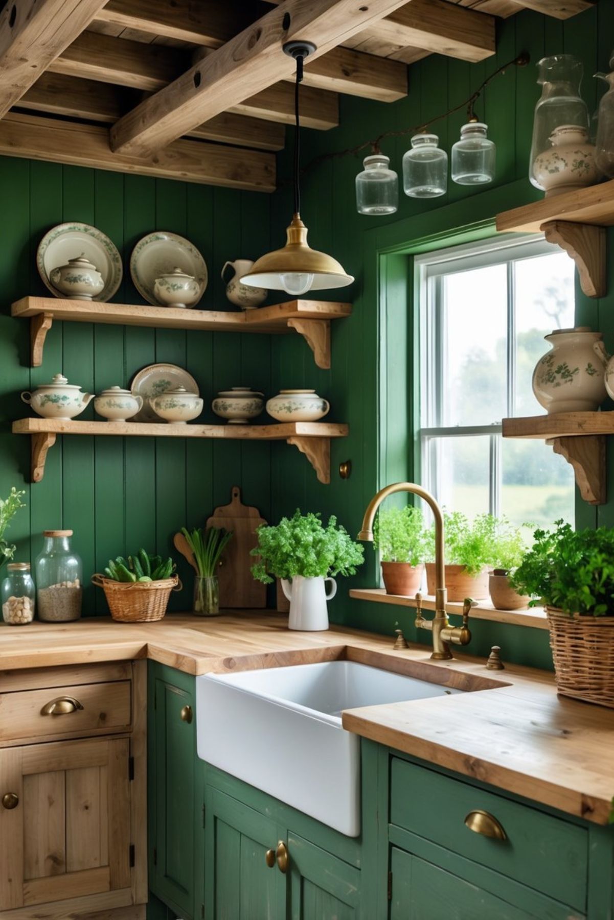 A kitchen with green walls, wooden cabinets, a farmhouse sink, hanging lights, and fresh herbs by a window.