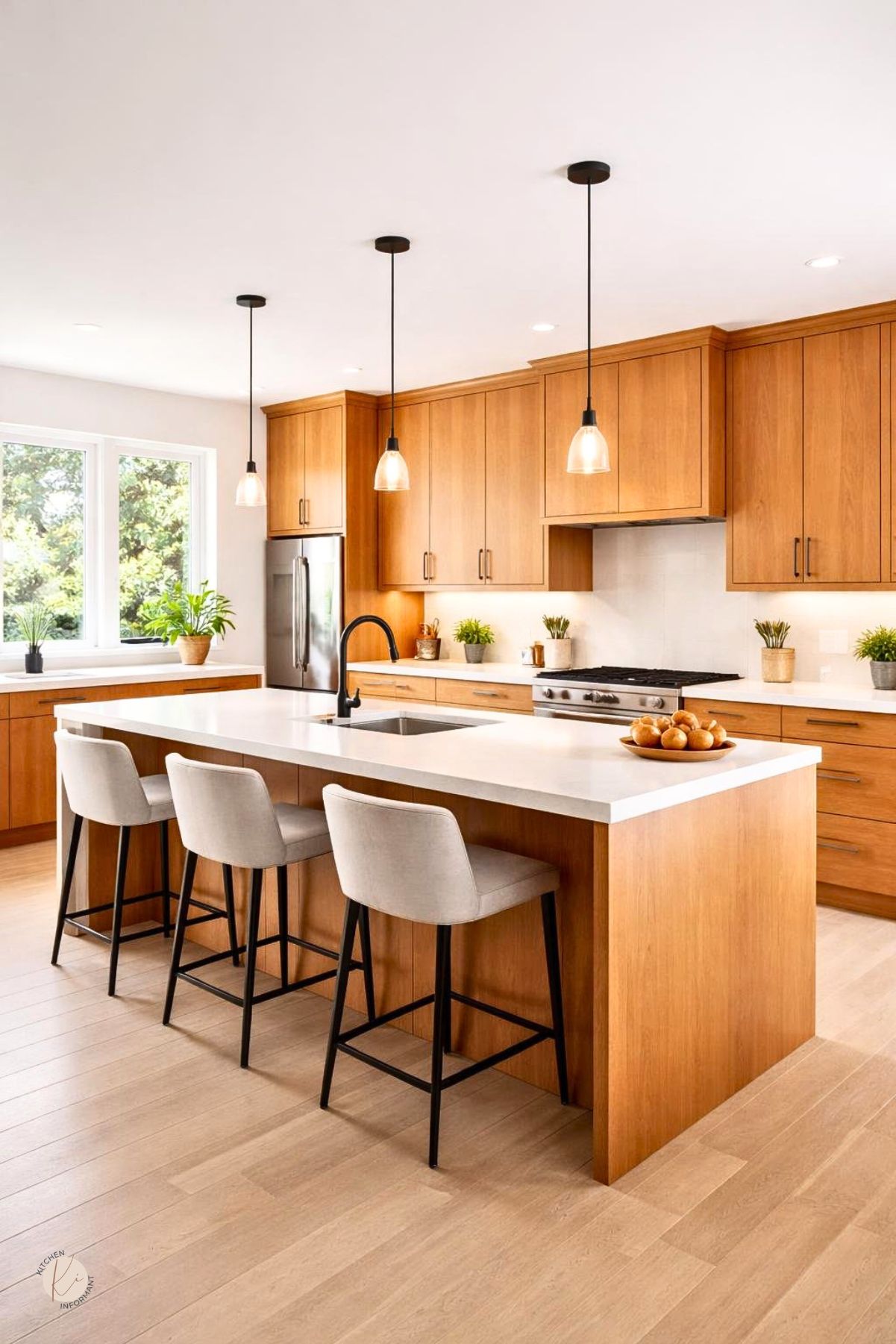A bright modern kitchen with honey oak cabinets, a kitchen island, and stainless steel appliances.