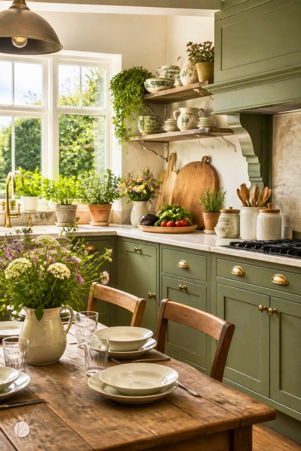 A bright English kitchen with green cabinets, a wooden dining table set with dishes and flowers, and shelves with crockery and plants.