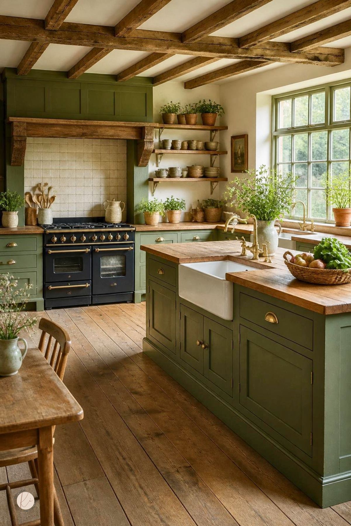 English country kitchen with olive green cabinets, wood countertops, exposed ceiling beams, brass hardware, a farmhouse sink, open shelving, potted herbs, tile backsplash, wood floors, and a large window.