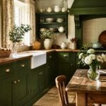 An English country kitchen with green cabinets, wooden countertops, a farmhouse sink, and a wooden dining table with fresh flowers.