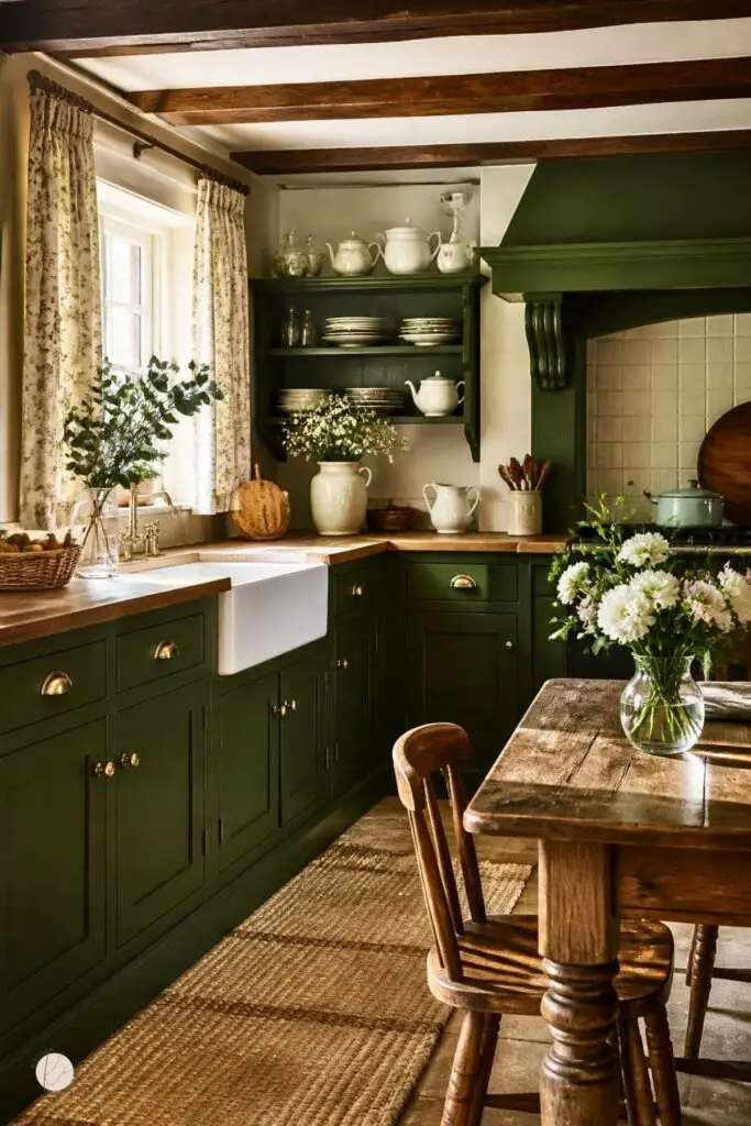 An English country kitchen with green cabinets, wooden countertops, a farmhouse sink, and a wooden dining table with fresh flowers.