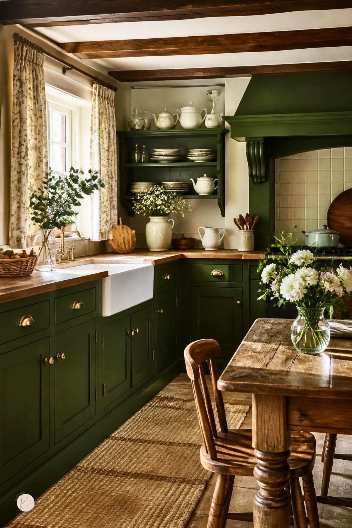 An English country kitchen with green cabinets, wooden countertops, a farmhouse sink, and a wooden dining table with fresh flowers.