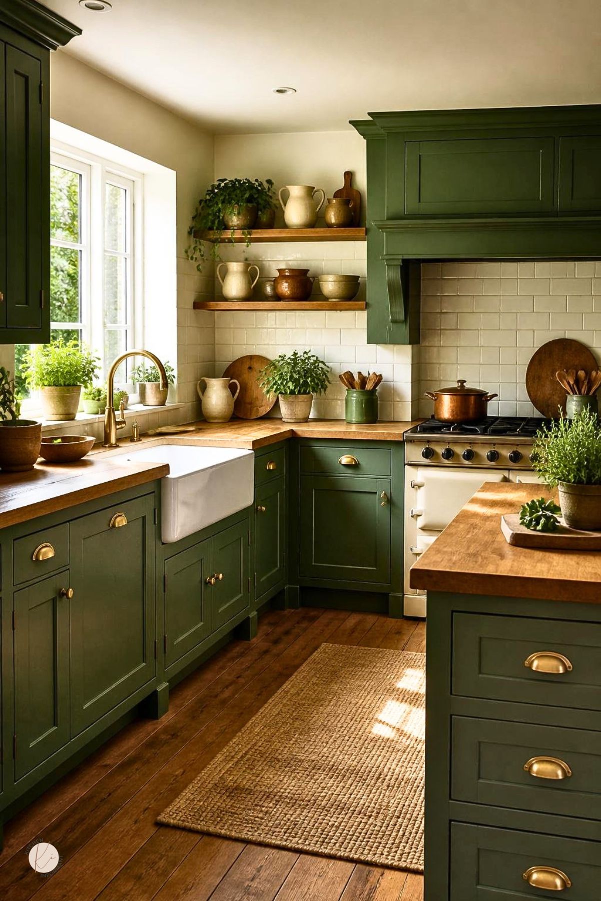 Bright kitchen with green cabinets, wooden countertops, a farmhouse sink, and a central island with herbs.