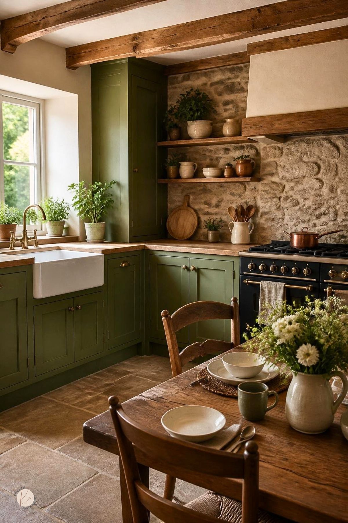 A warm kitchen with green cabinets, wooden countertops, exposed beams, and a wooden dining table with dishware and potted herbs.