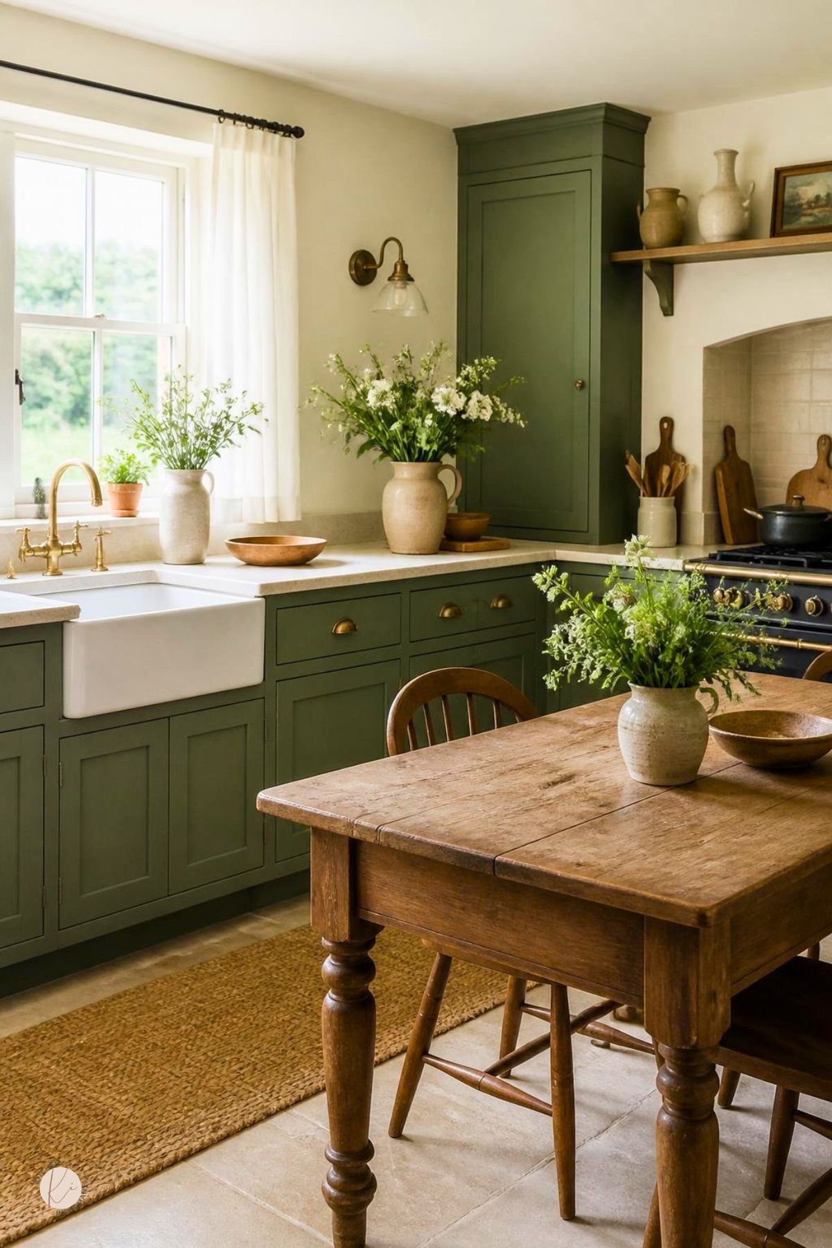 A bright kitchen with green cabinets, wooden dining table, and fresh flowers on the countertop.