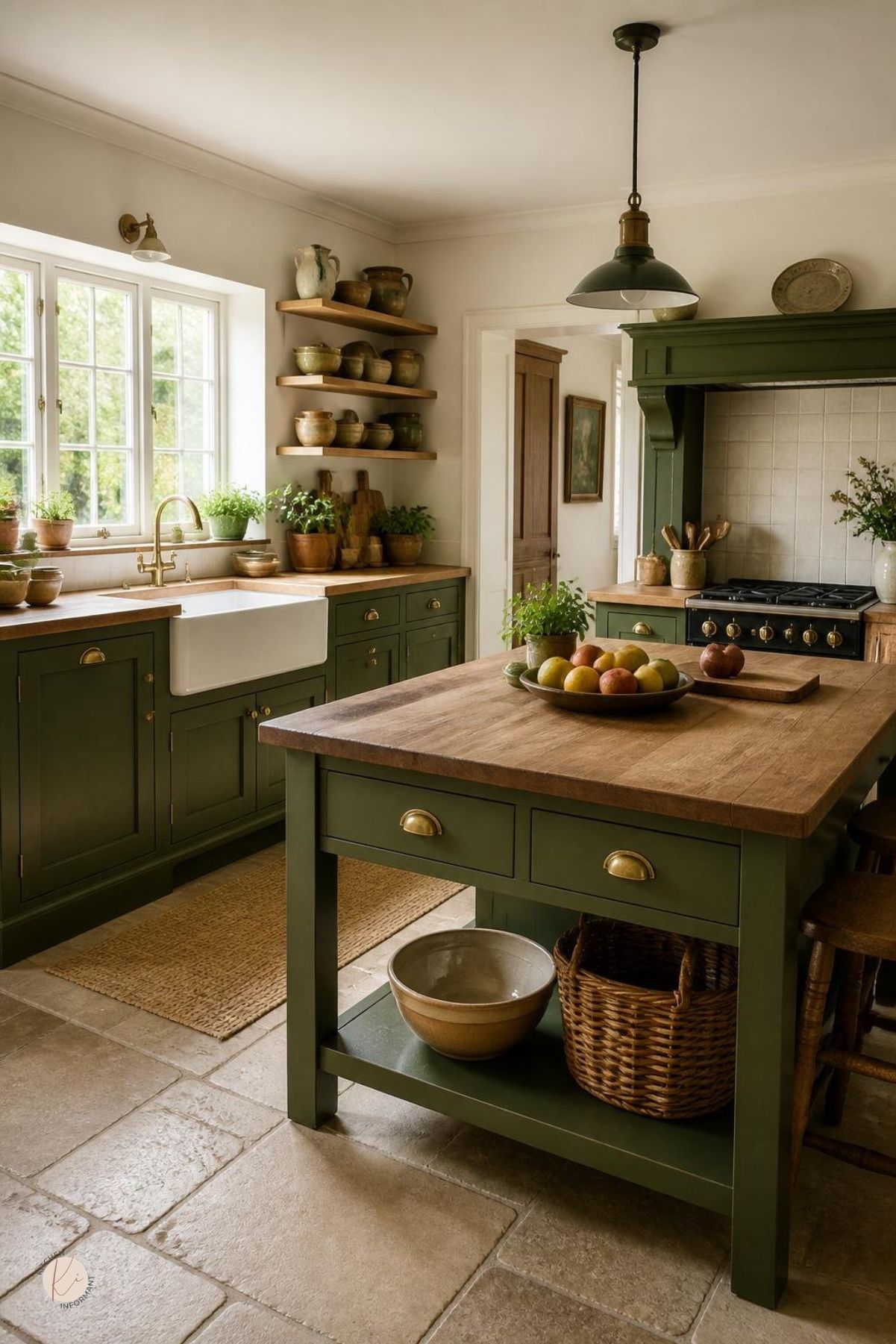 A spacious kitchen with green cabinets, wooden countertops, a central island, and natural light coming through large windows.