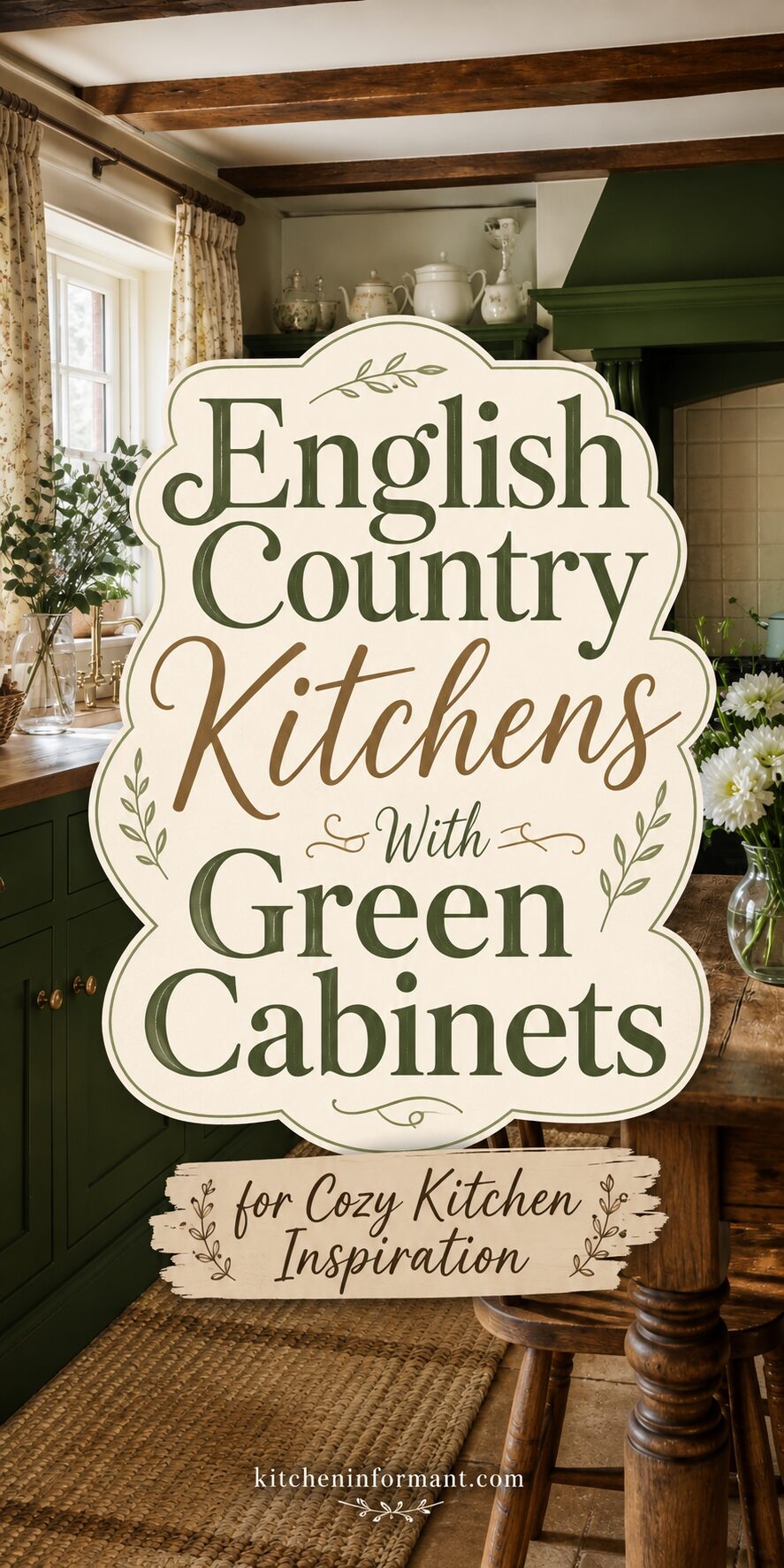 English country kitchen with dark green cabinets, wood beams, floral curtains, brass fixtures, and rustic wood furniture. Text reads “English Country Kitchens With Green Cabinets for Cozy Kitchen Inspiration” and “kitcheninformant.com.”