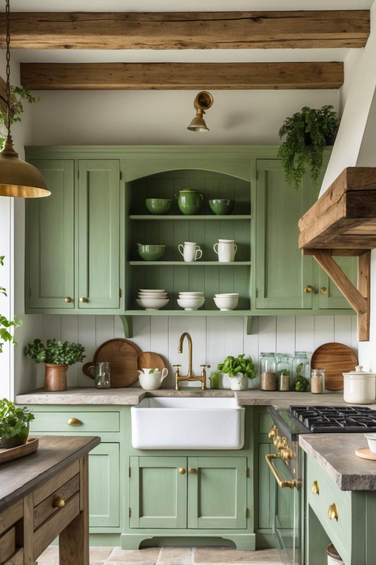 A green rustic kitchen with wooden cabinets, stone countertops, open shelves, and plants.