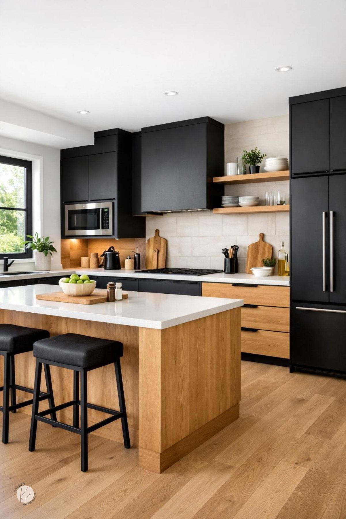 A modern kitchen with black cabinets and white oak accents, featuring a spacious island and natural light from large windows.